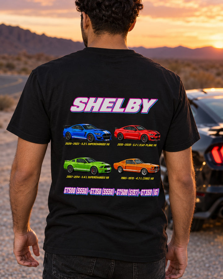 Shelby Mustang Evolution Poster Full-Back Graphic Tee T-Shirt Black worn hero