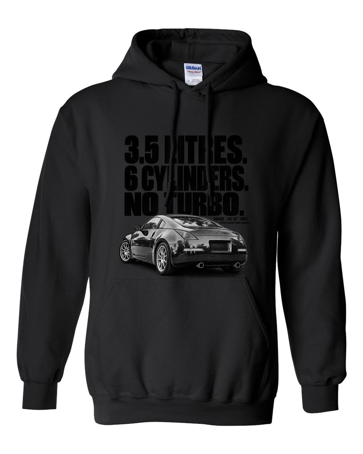 Halftone print of a Nissan 350Z Z33 rear three-quarter with VQ35DE 287 HP text black pull over hoodie front view with the design