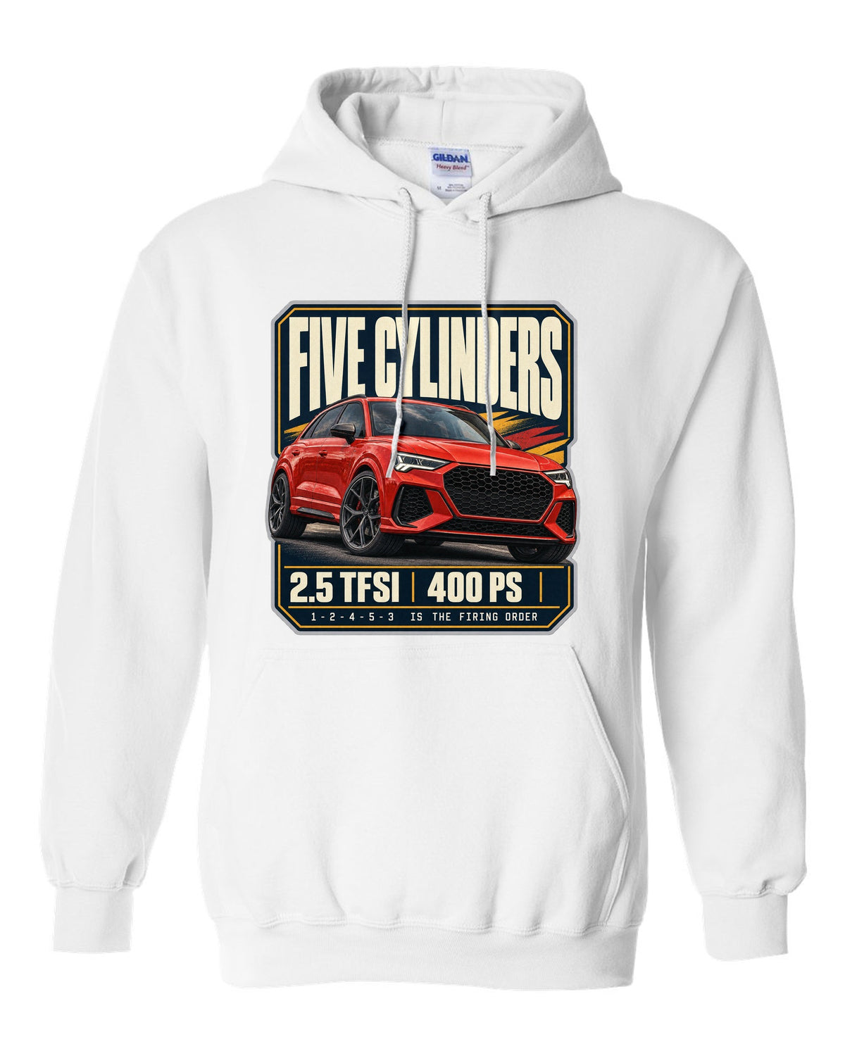 Audi RS Q3 F3 editorial headline print with five-cylinder text white pull over hoodie front view with the design