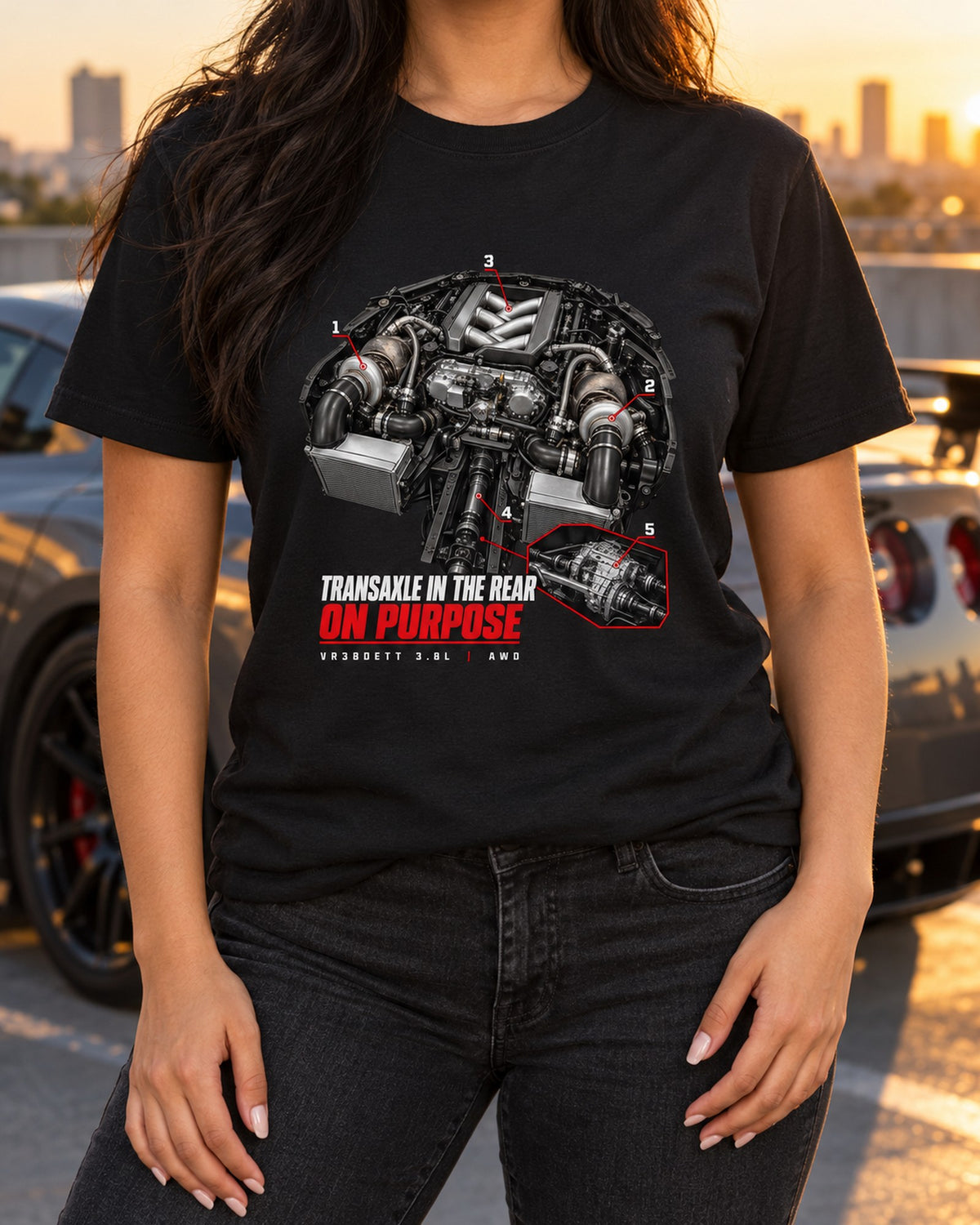 R35 GT-R Rear Transaxle Engine Callout Shirt, Car Guy Gift T-Shirt Black worn hero