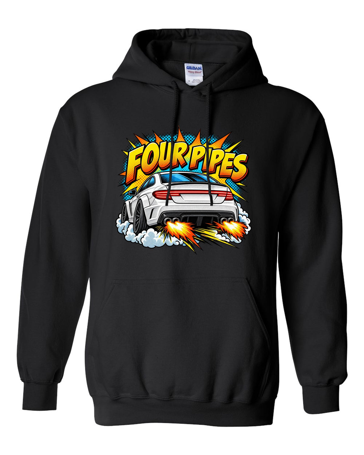 Comic halftone pop-art of the exhaust end of a Mercedes C63 Coupe C204 black pull over hoodie front view with the design
