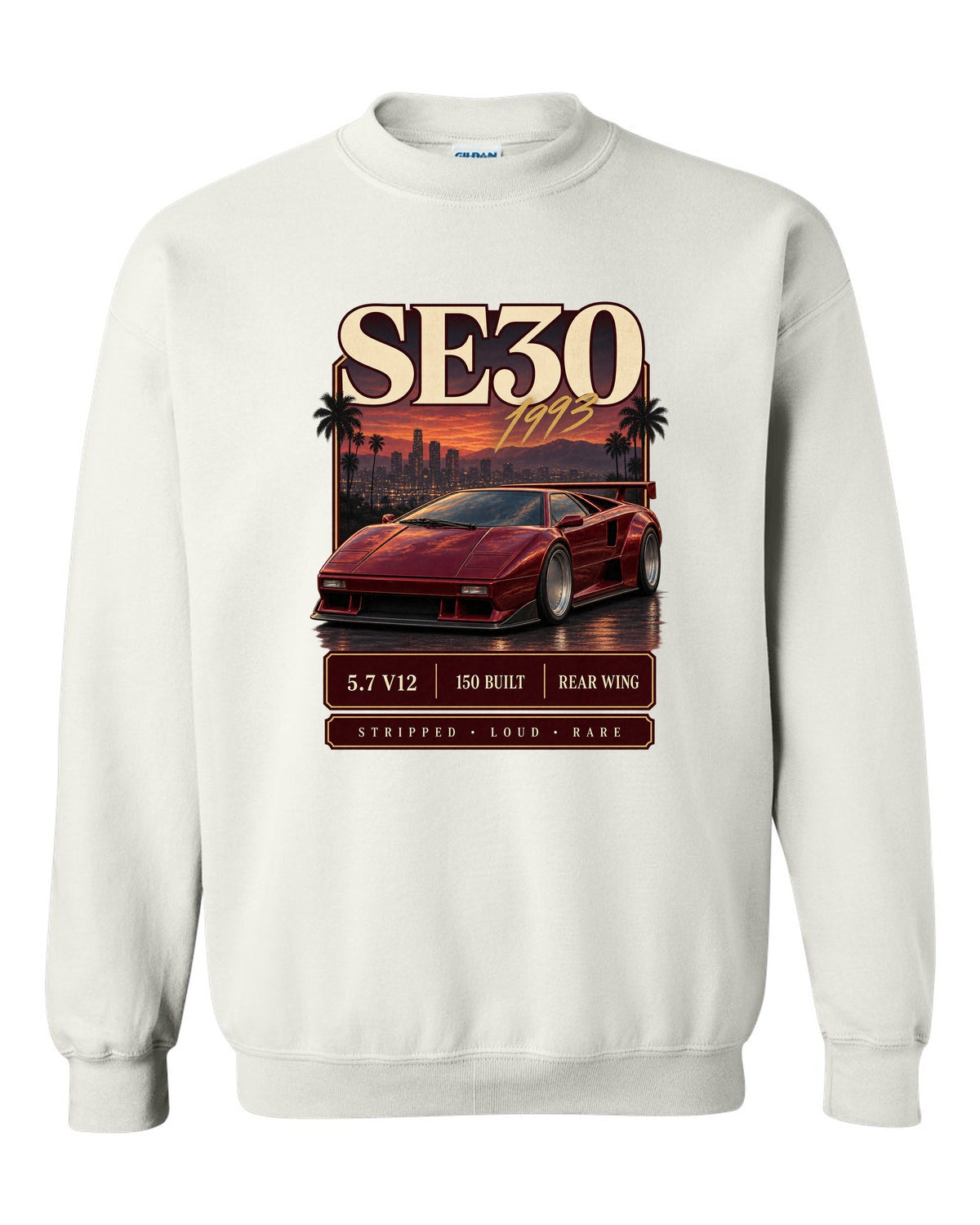 Archive panel print of a Lamborghini Diablo SE30 with 5.7 V12 and 150 built text white crewneck front view with the design