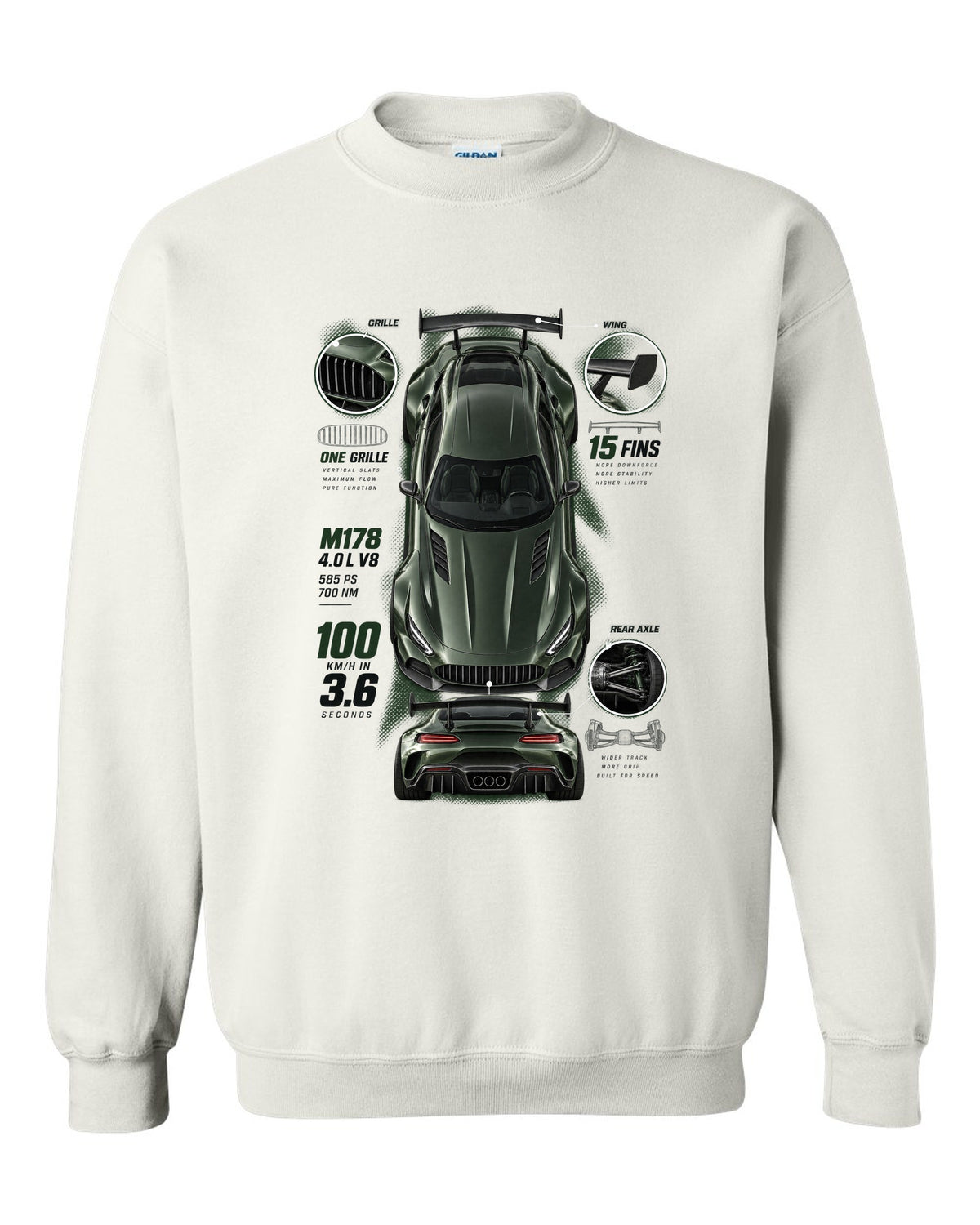 Spec poster print of a Mercedes-AMG GT R C190 with 100 km/h in 3.6 and 15 fins lettering white crewneck front view with the design