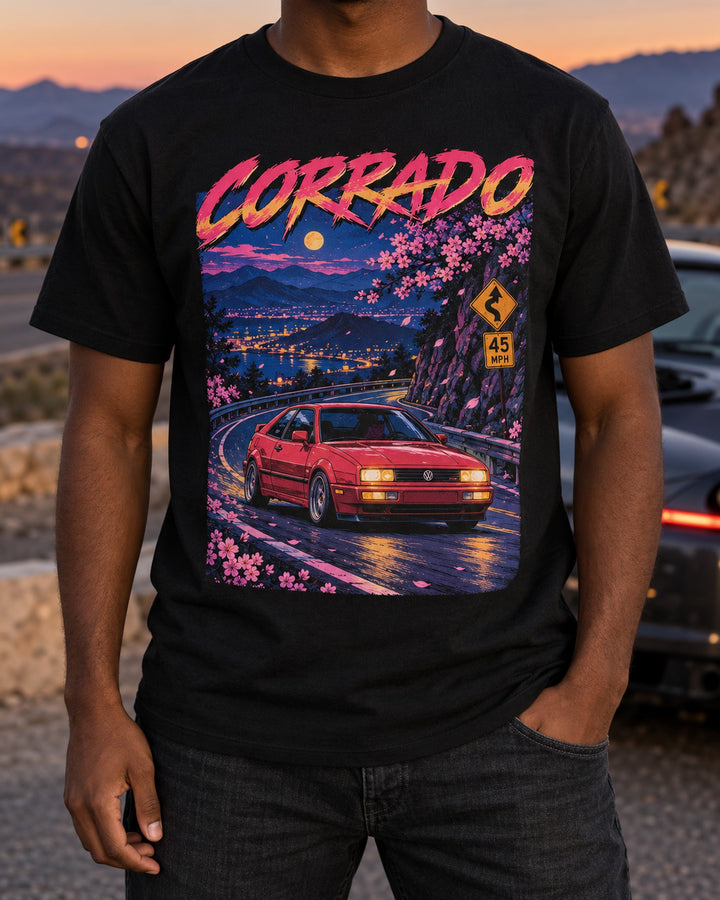 VW Corrado VR6 Hairpin Anime Sketch Tee, 45 MPH Touge T-Shirt Black worn hero