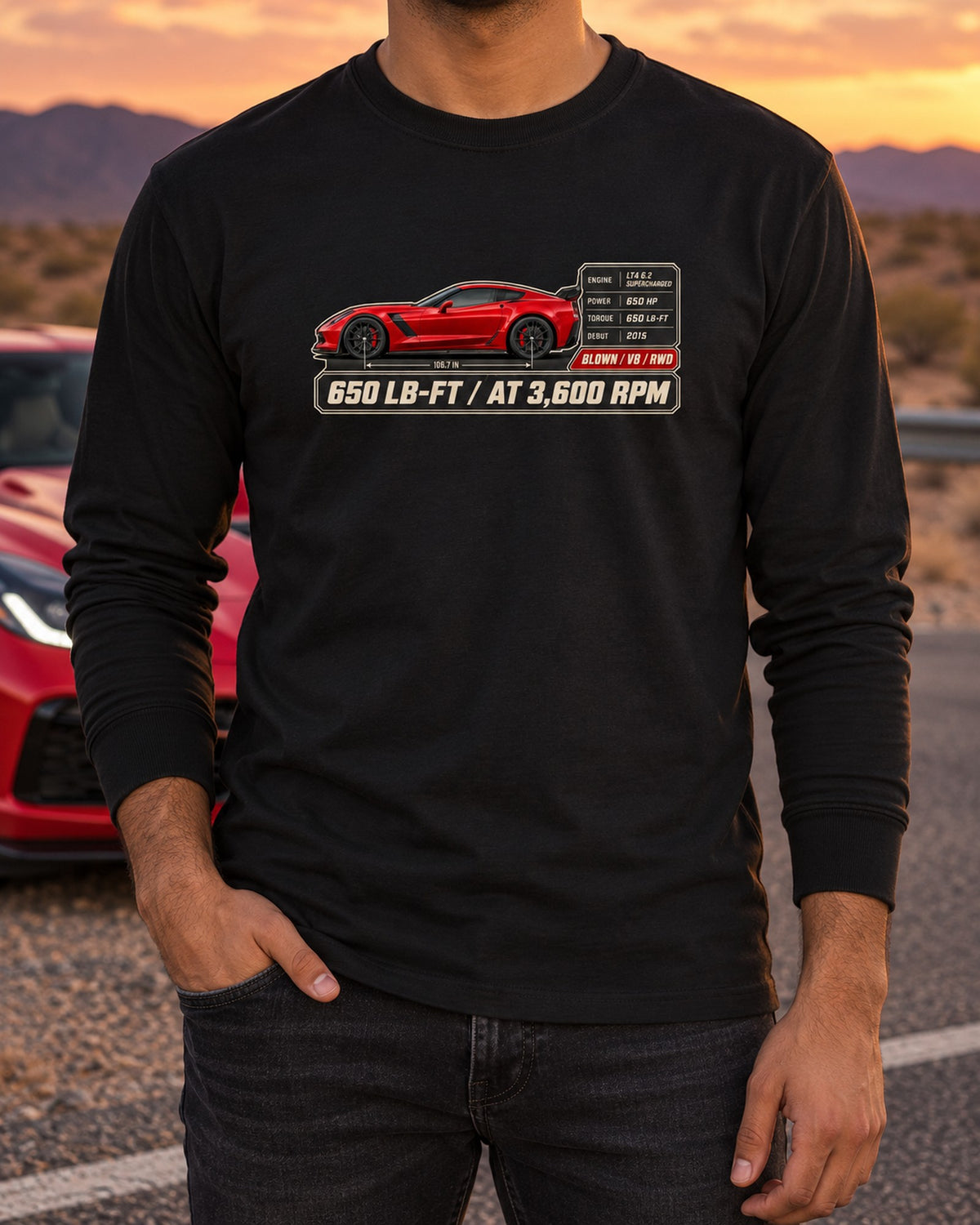 C7 Corvette Z06 Spec Poster Tee, 650 LB-FT Torque Car Shirt Long Sleeve Black worn hero