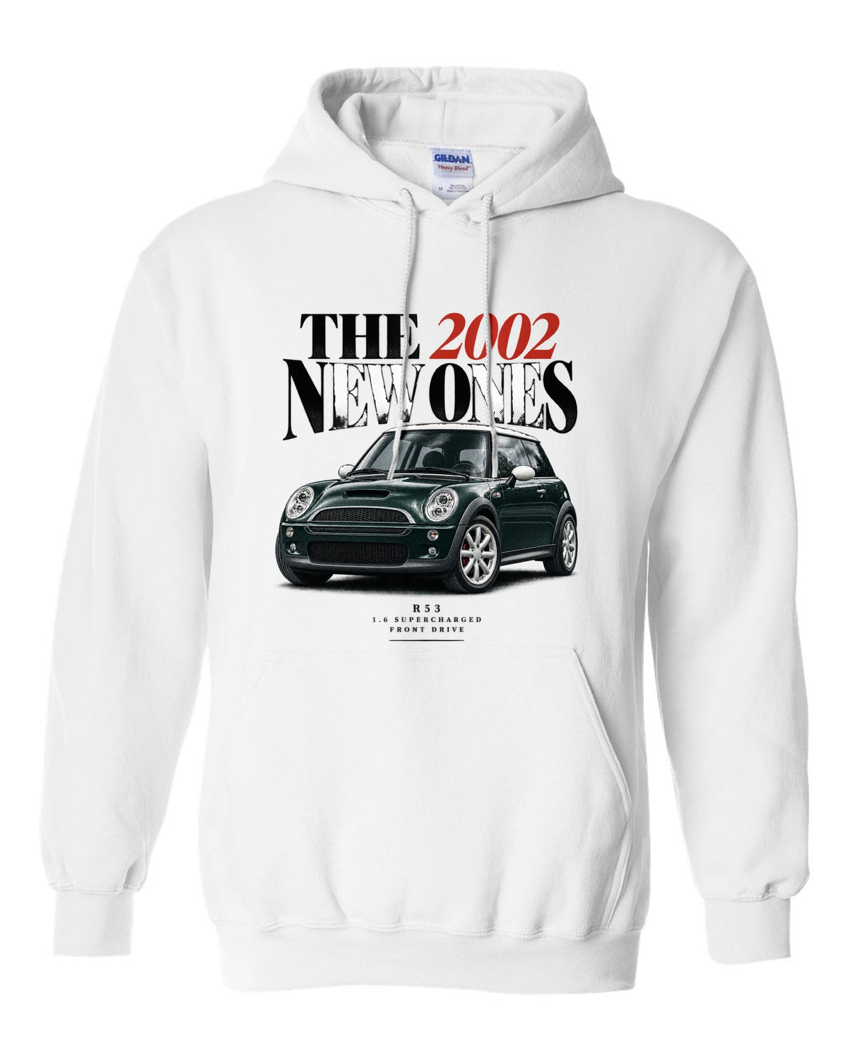 Mini Cooper S R53 dark green with white roof editorial headline print white pull over hoodie front view with the design