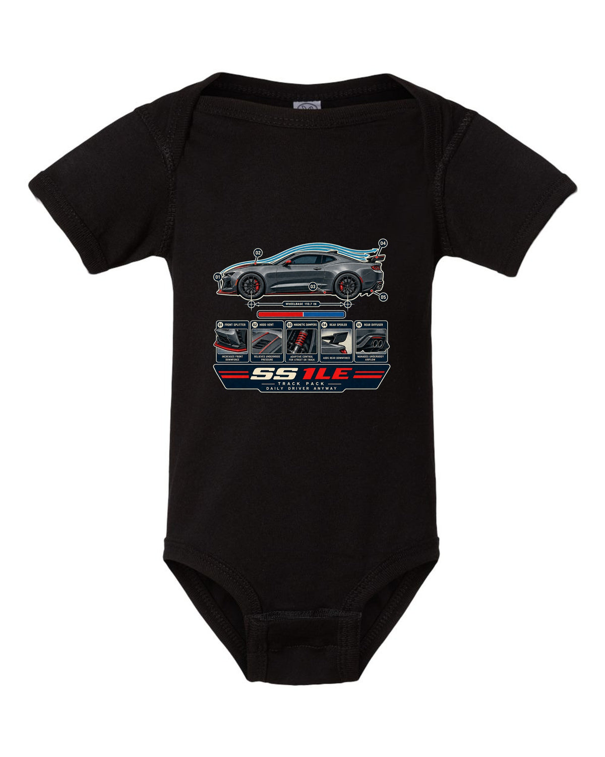 Airflow cutaway print of a 6th generation Chevrolet Camaro SS 1LE black baby onesie front view with the design