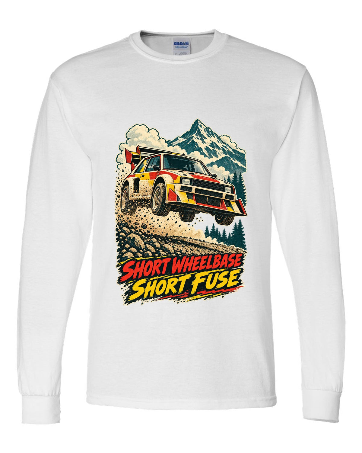 Vintage race-poster lithograph print of a 1985 Audi Sport Quattro S1 E2 with Short Fuse lettering white long sleeve front view with the design