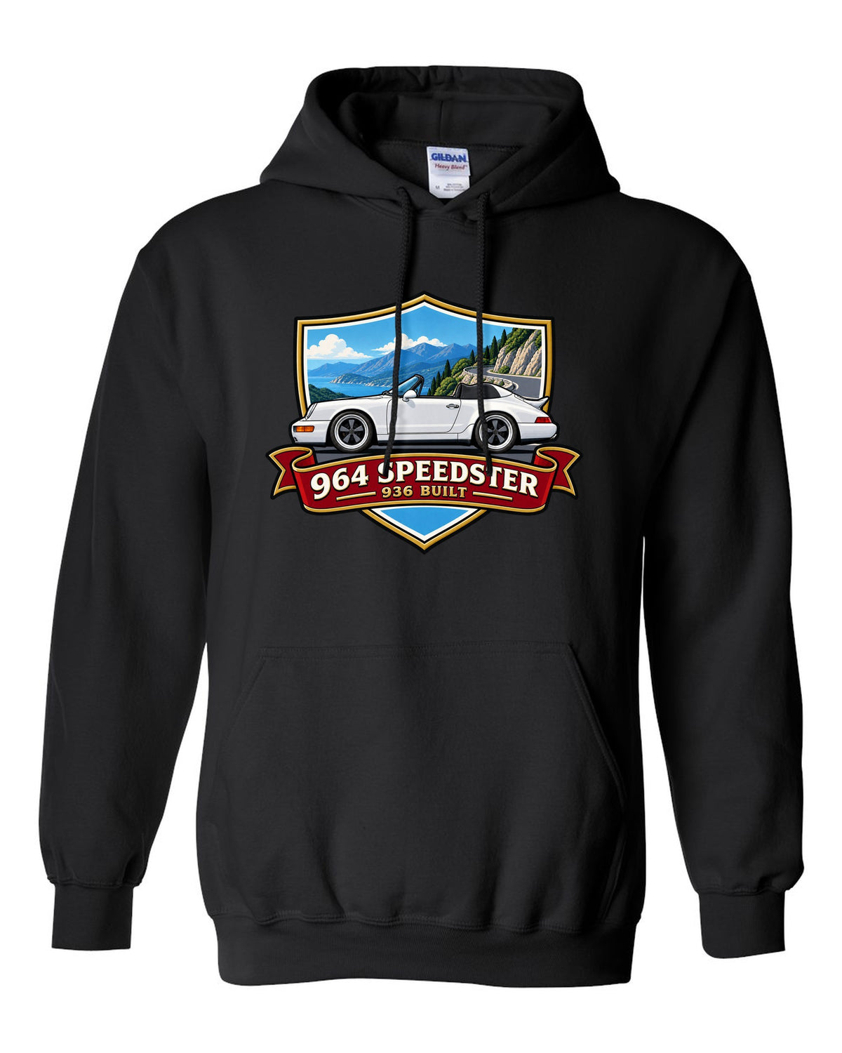 Shield crest design for the Porsche 964 Speedster with 936 built lettering black pull over hoodie front view with the design