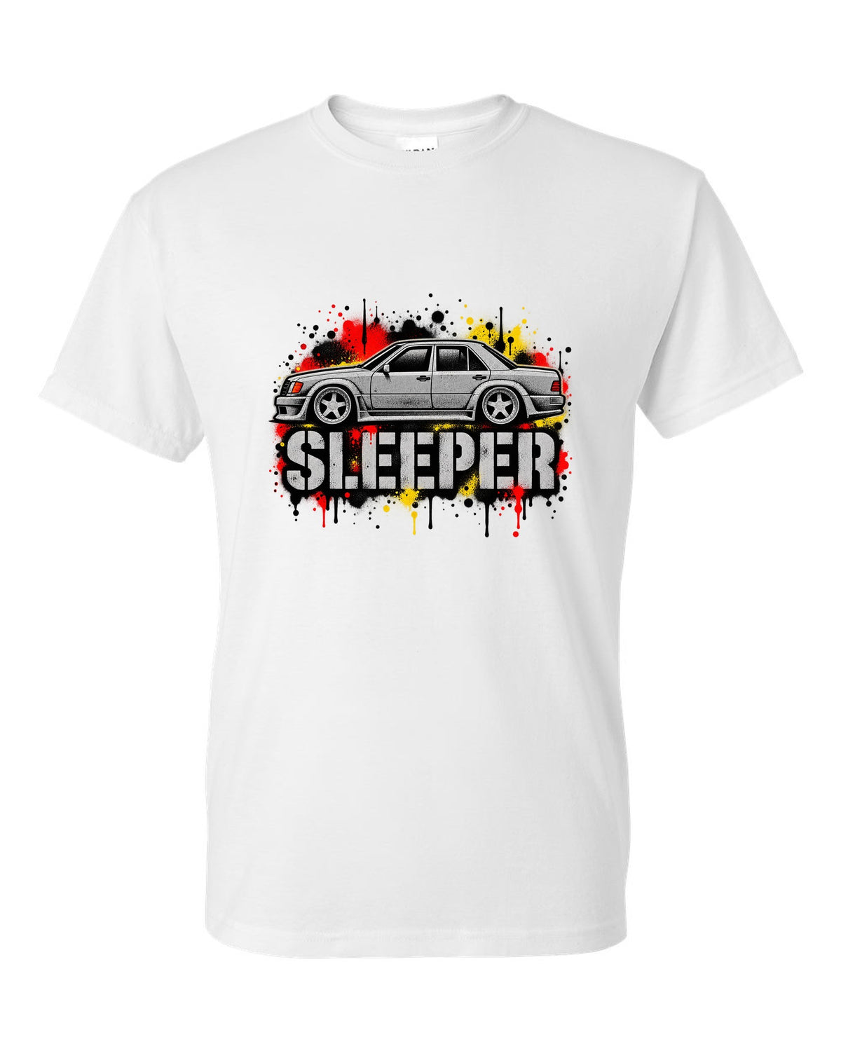 Embroidery-style varsity crest of a Mercedes 300E 5.6 Hammer W124 white t-shirt front view with the design