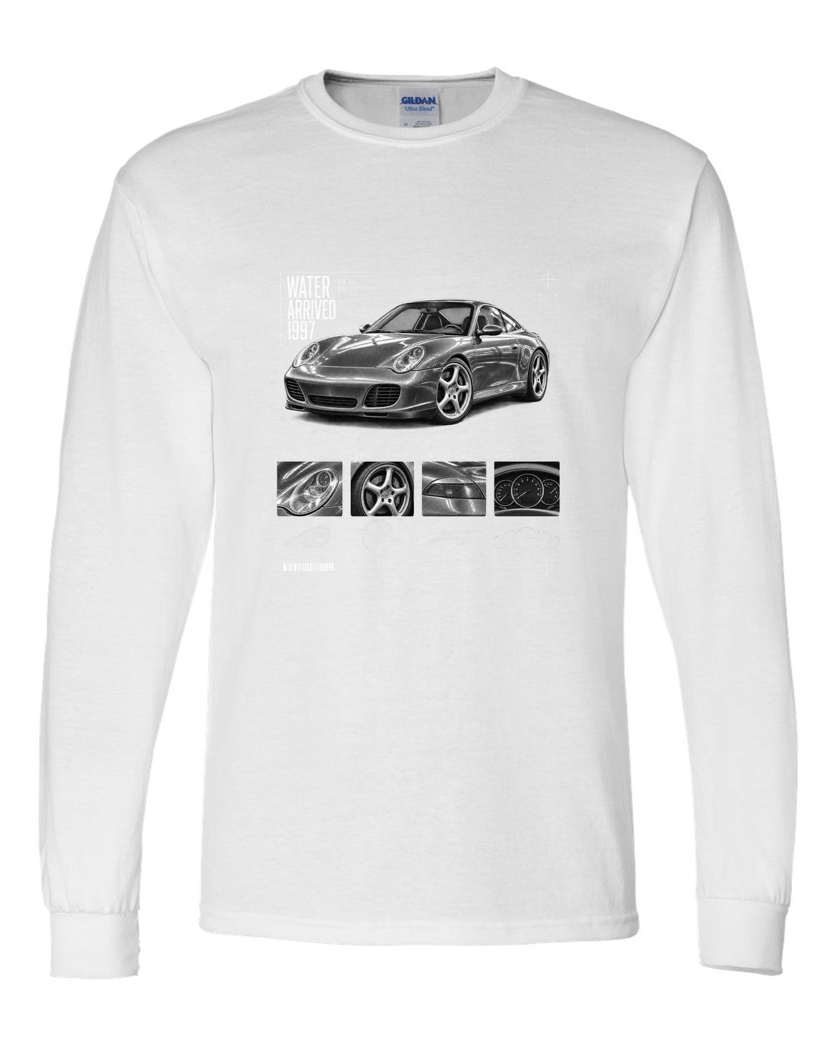Dossier panel print of a Porsche 911 Carrera 4S (996) with the heading Water Arrived 1997 white long sleeve front view with the design