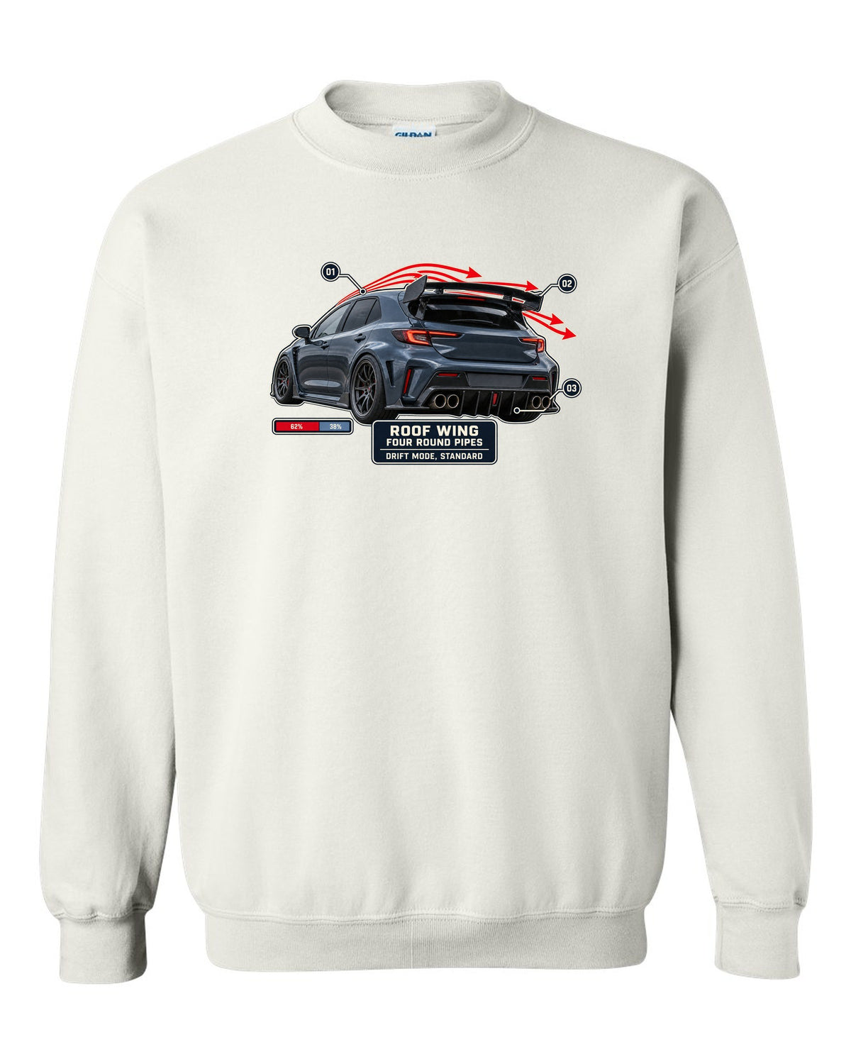 Mercedes-AMG A45 S W177 rear three-quarter with aero callout labels print white crewneck front view with the design