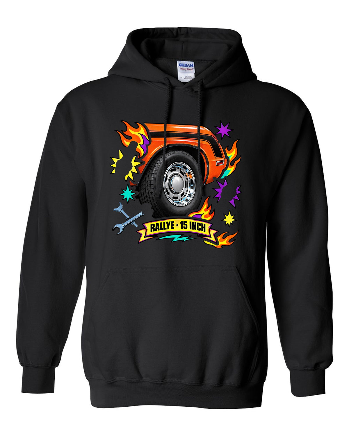 Sticker-bomb collage print of a 1970 Dodge Challenger R/T with Rallye wheel text black pull over hoodie front view with the design