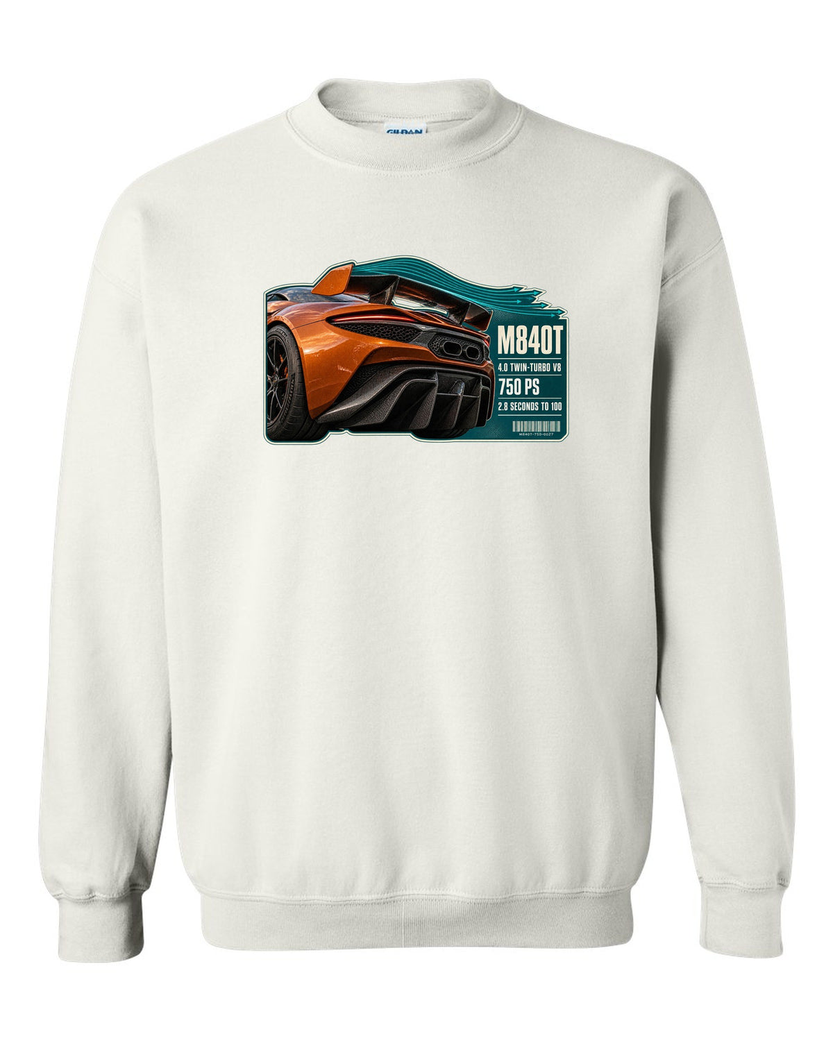 print taillight close-up of a McLaren 750S in burnt orange white crewneck front view with the design