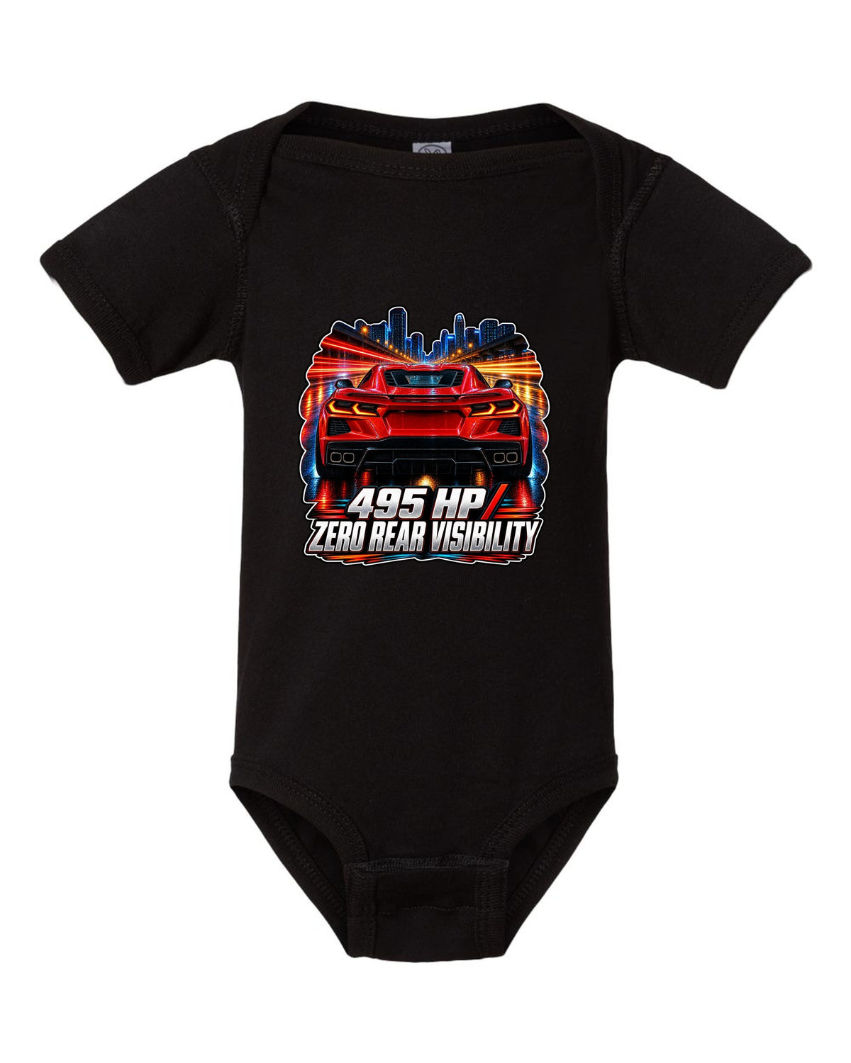 Long-exposure night poster print of a 2020 Chevrolet Corvette C8 Stingray with 495 HP zero rear visibility lettering black baby onesie front view with the design