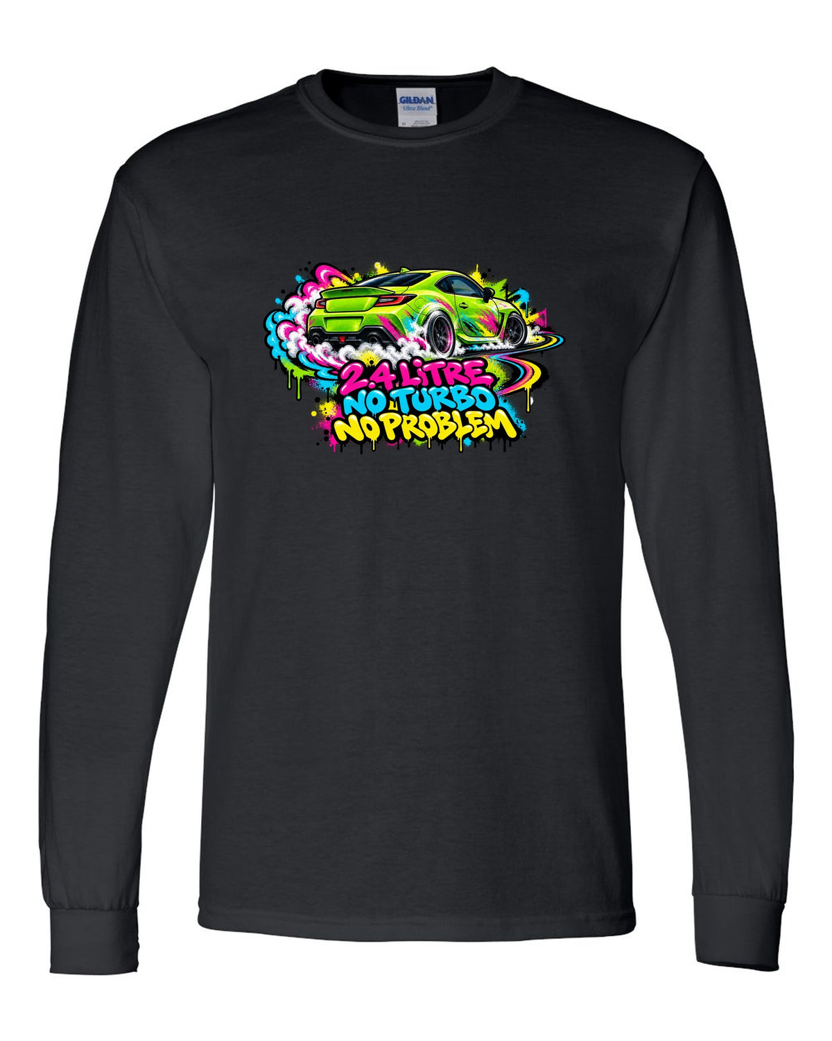 Subaru BRZ ZD8 sideways in front of a graffiti wall, 2.4 LITRE / NO TURBO / NO PROBLEM black long sleeve front view with the design