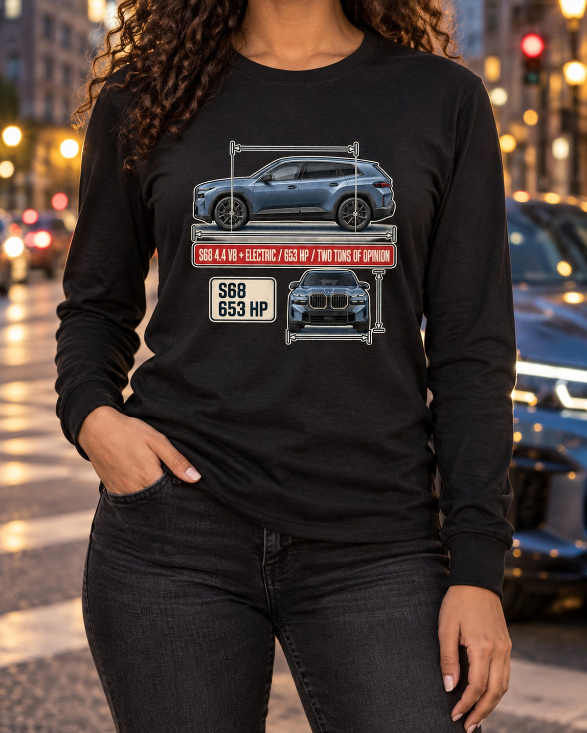 BMW XM G09 Dimension Blueprint Tee, S68 V8 Plug-In SUV Long Sleeve Black worn hero