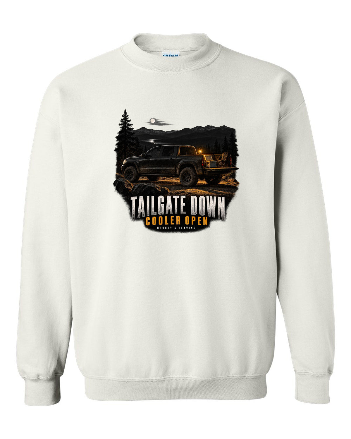 Jeep Gladiator JT with tailgate down in a night garage print white crewneck front view with the design