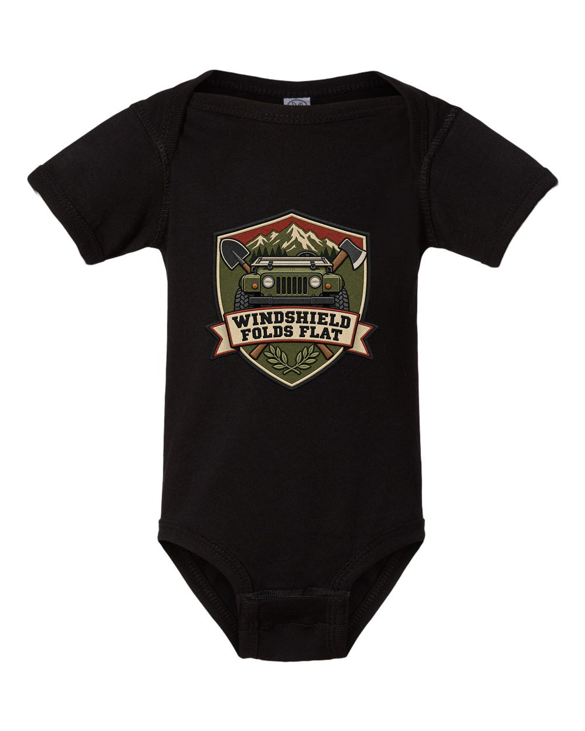 Jeep Wrangler JL embroidery shield crest design with windshield folds flat text black baby onesie front view with the design