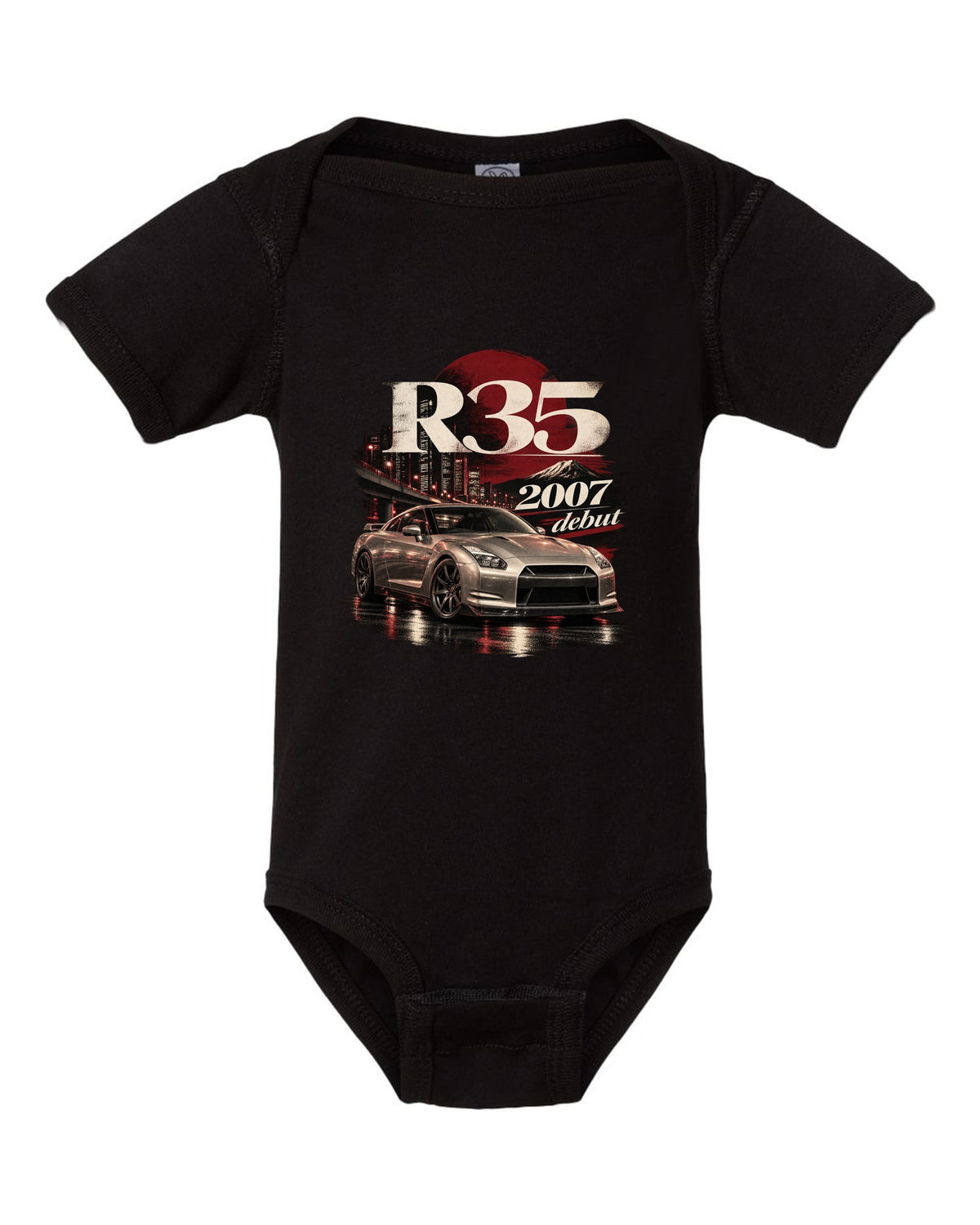 Nissan GT-R R35 2007 debut shape in warm silver on an archive panel black baby onesie front view with the design