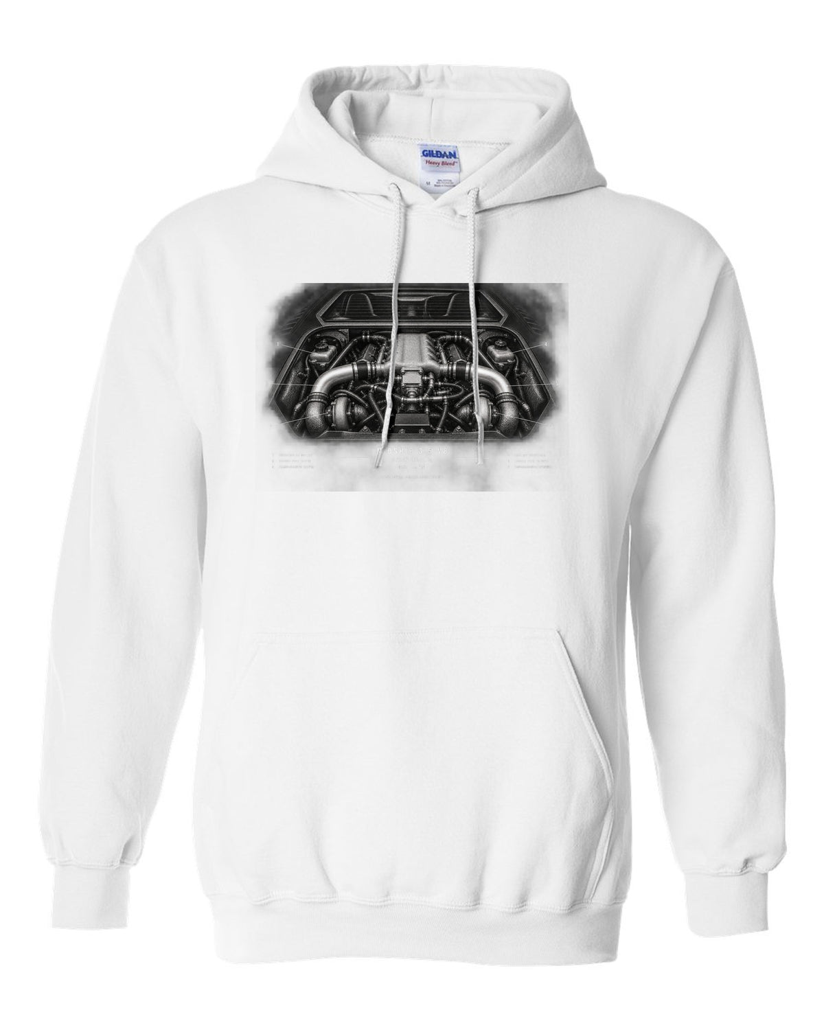 Engine hero print of a 1996 Lotus Esprit V8 with twin-turbo midship 3.5 V8 text white pull over hoodie front view with the design