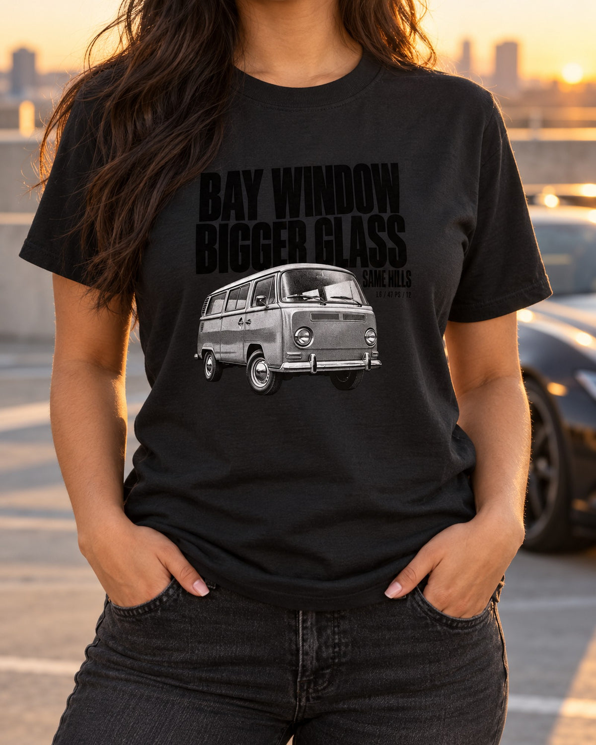 VW T2 Bay Window Bus Halftone Shirt, Bigger Glass Tee T-Shirt Black worn hero