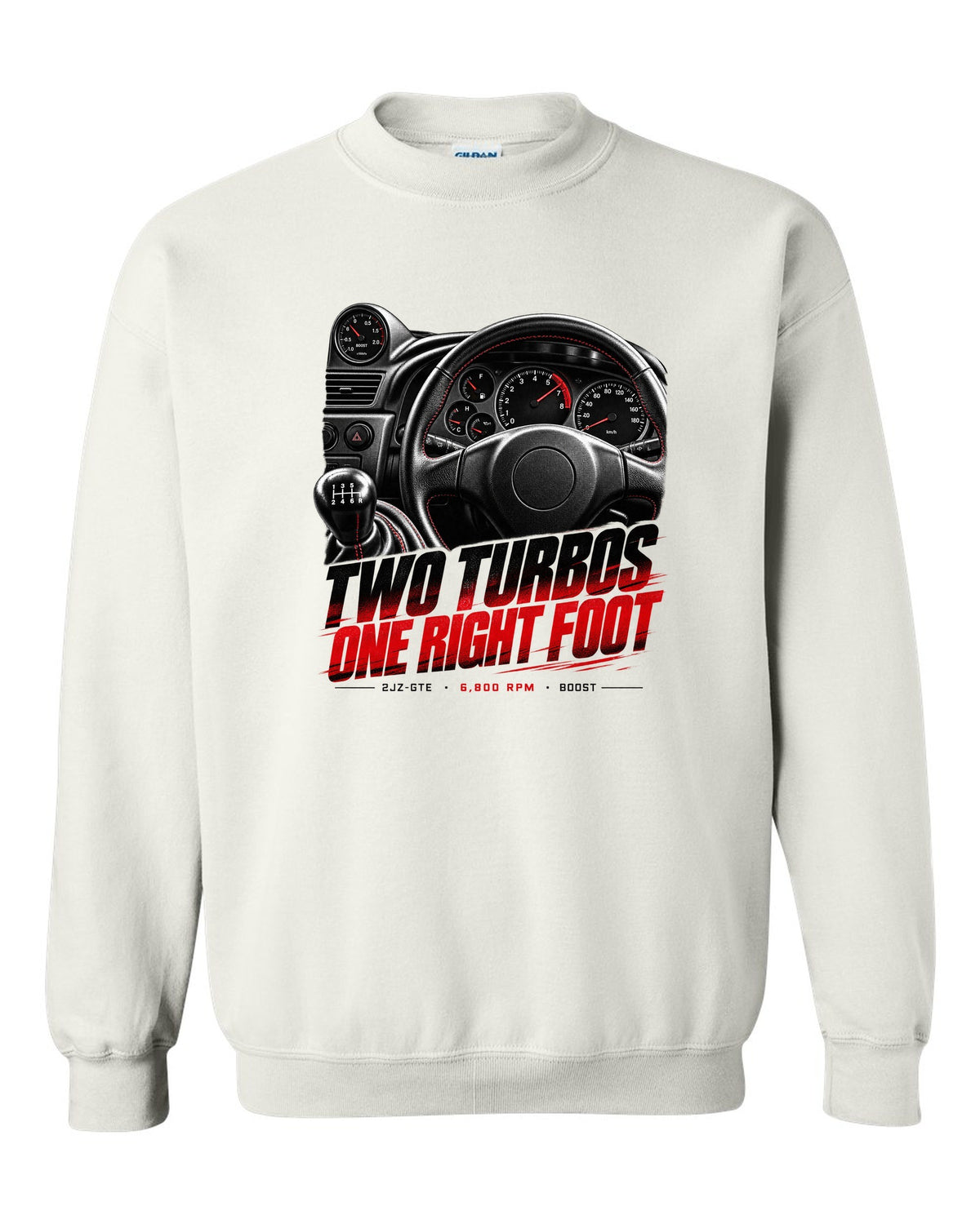 Cockpit and gauge print of a Toyota Supra A80 JZA80 with 6,800 redline white crewneck front view with the design
