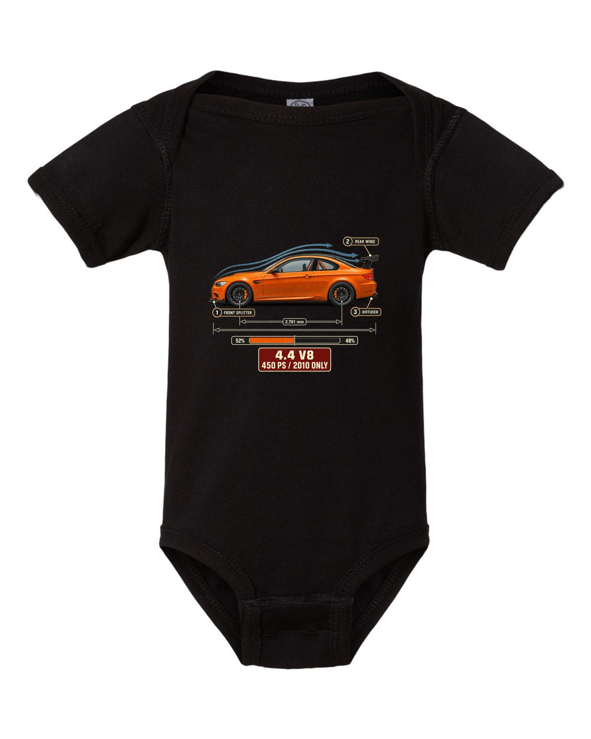 BMW M3 E92 GTS coupe aero callouts print black baby onesie front view with the design