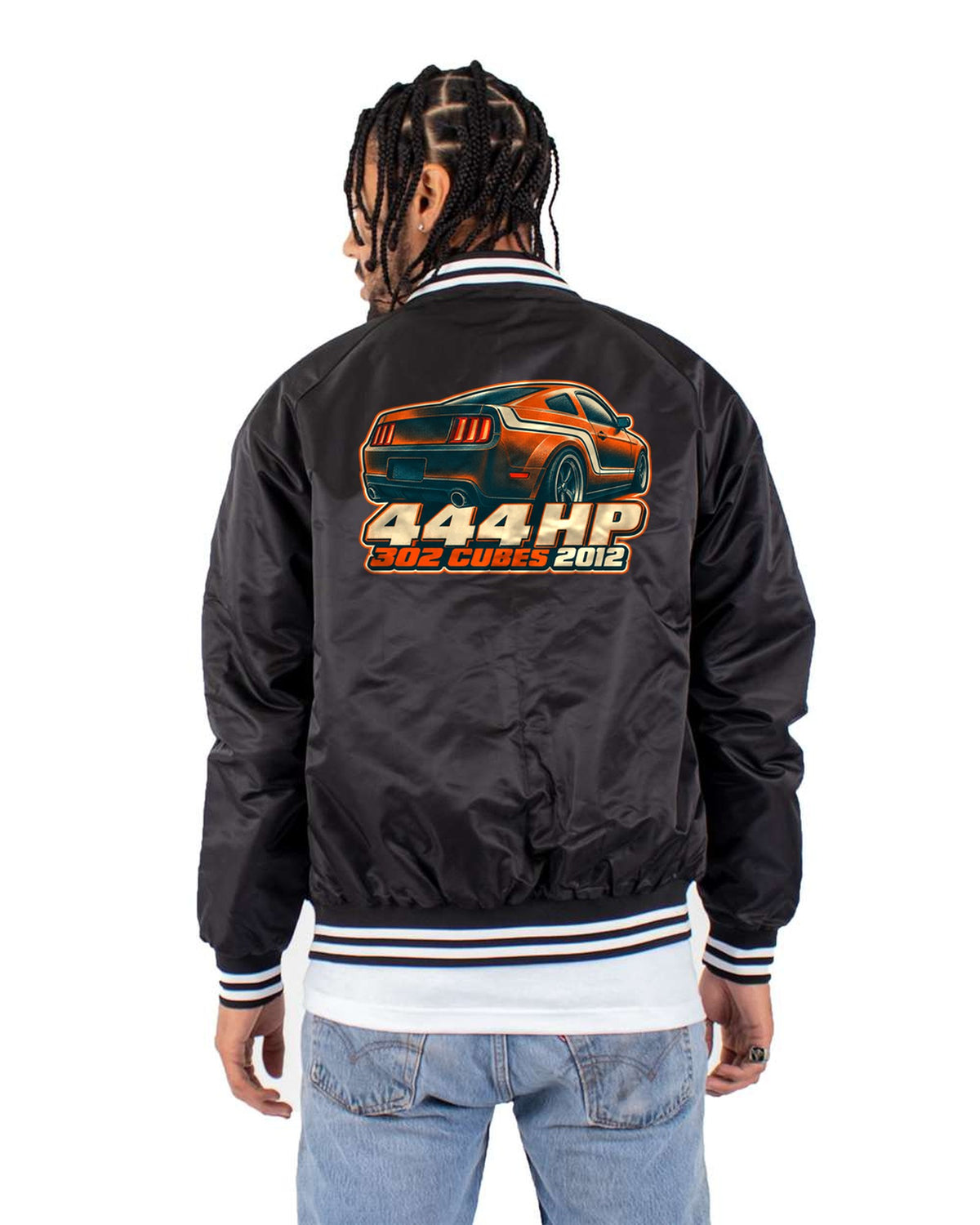 S197 Mustang Fastback 444 HP Stripe Macro Halftone Shirt Bomber Jacket Black back
