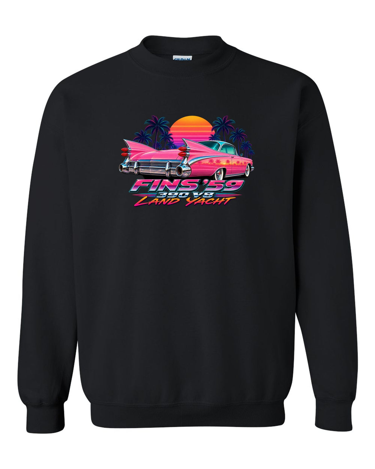 1959 Cadillac Series 62 Coupe de Ville rear fins against an airbrush retro sunset black crewneck front view with the design