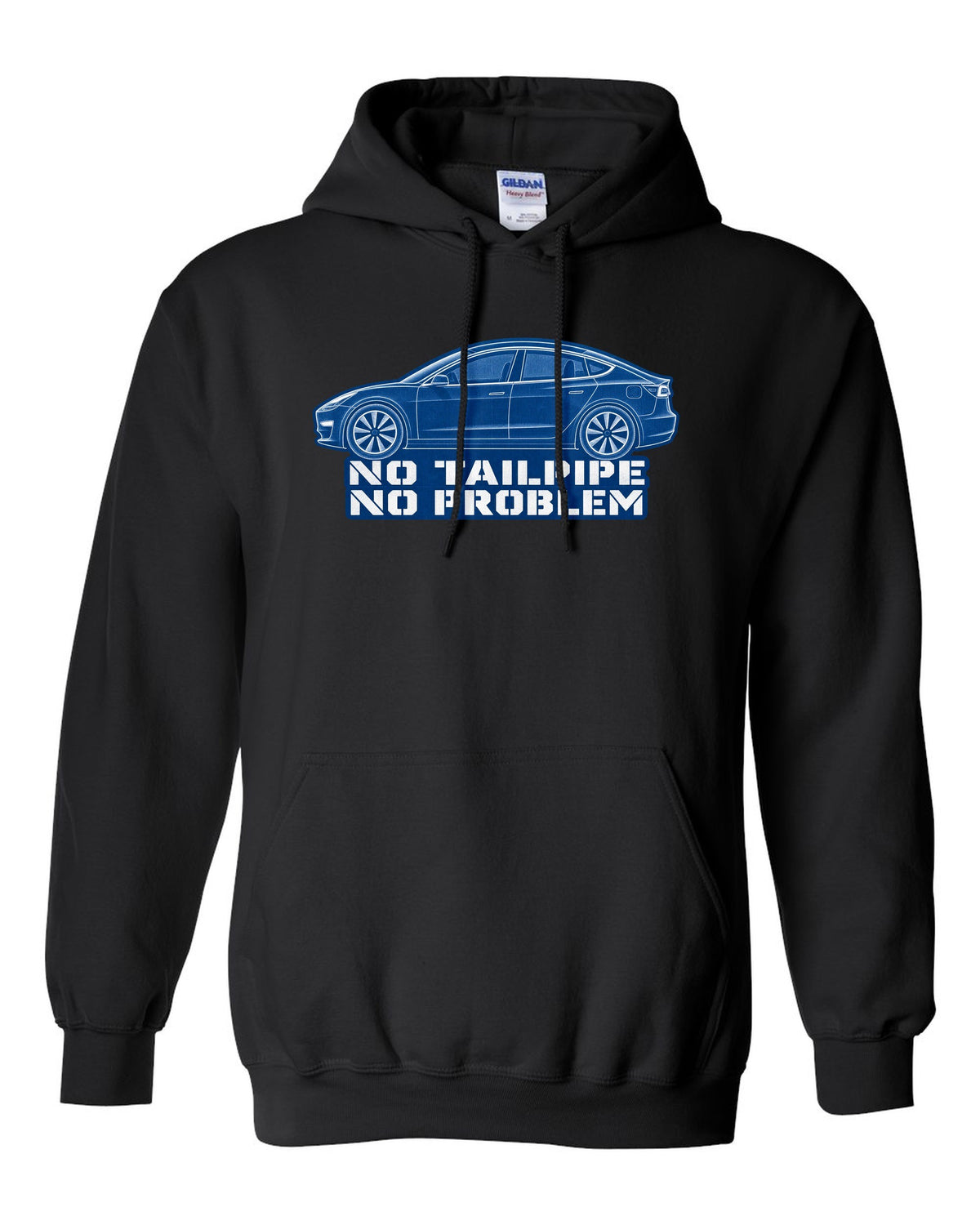 Cyanotype negative blueprint of a 2017-2023 Tesla Model 3 with the words No Tailpipe No Problem black pull over hoodie front view with the design