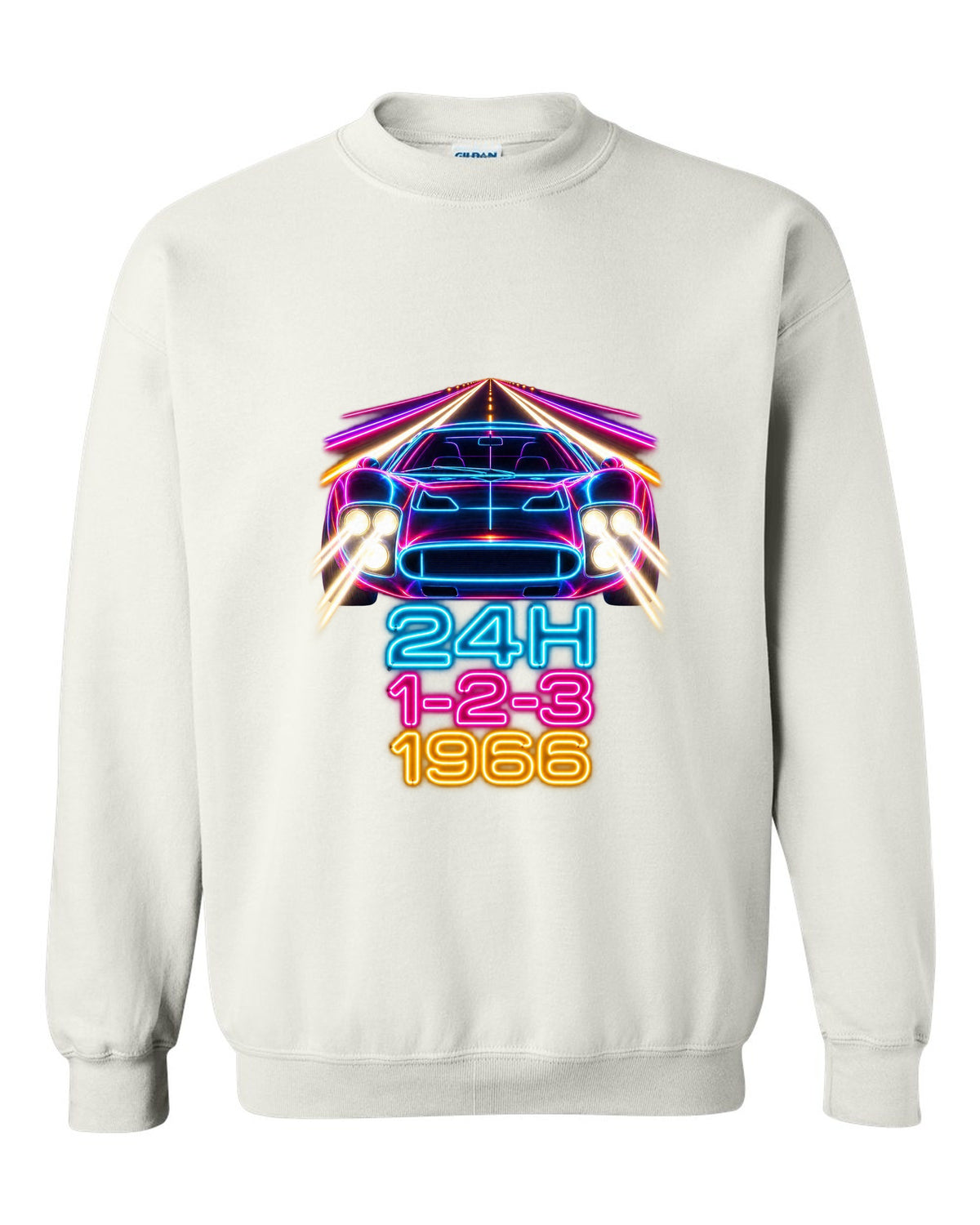 Neon long-exposure light trail print of a 1966 Ford GT40 Mk II with 24H 1-2-3 lettering white crewneck front view with the design