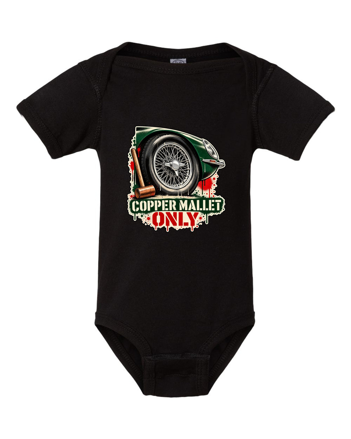 Spray stencil street art print of a Jaguar E-Type Series 1 wire wheel with copper mallet lettering black baby onesie front view with the design