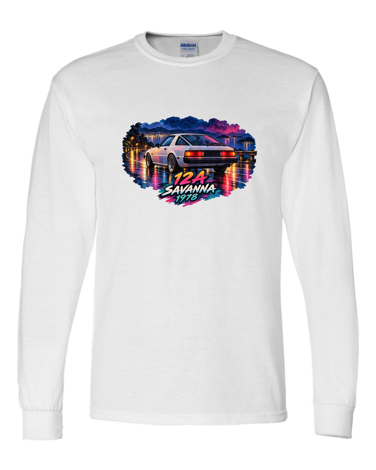 Watercolour wet road night print of a Mazda Savanna RX-7 SA22C with text 12A, Savanna, 1978 white long sleeve front view with the design