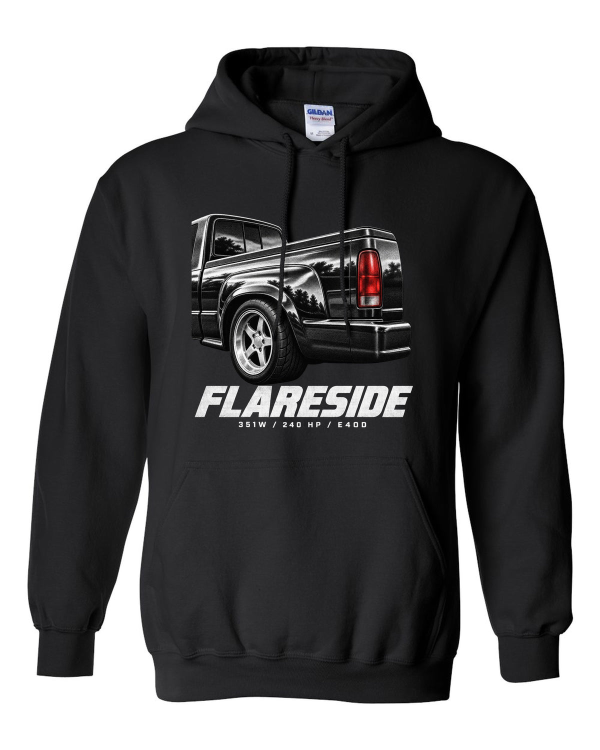 Ford F-150 SVT Lightning 1993-95 flareside taillight macro print with 351W and 240 HP black pull over hoodie front view with the design