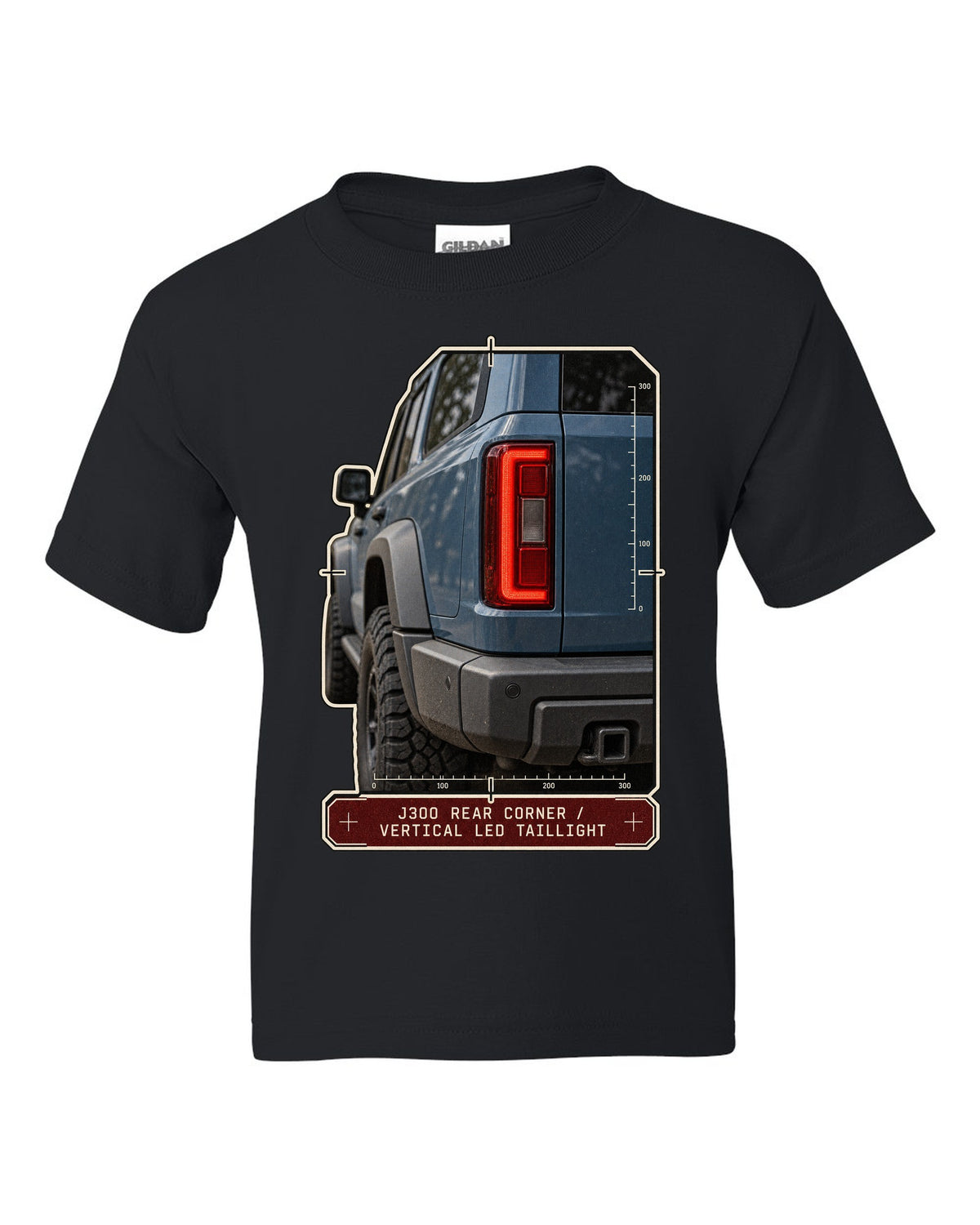 Close-up of Toyota Land Cruiser 300 J300 vertical LED taillight black kids tee front view with the design