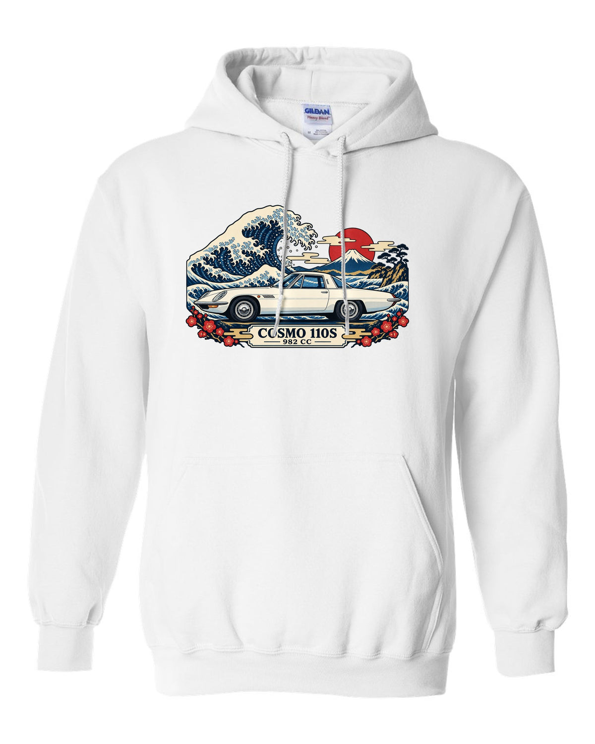 Ukiyo-e woodblock illustration of the Mazda Cosmo Sport 110S with a wave and 982 CC lettering white pull over hoodie front view with the design