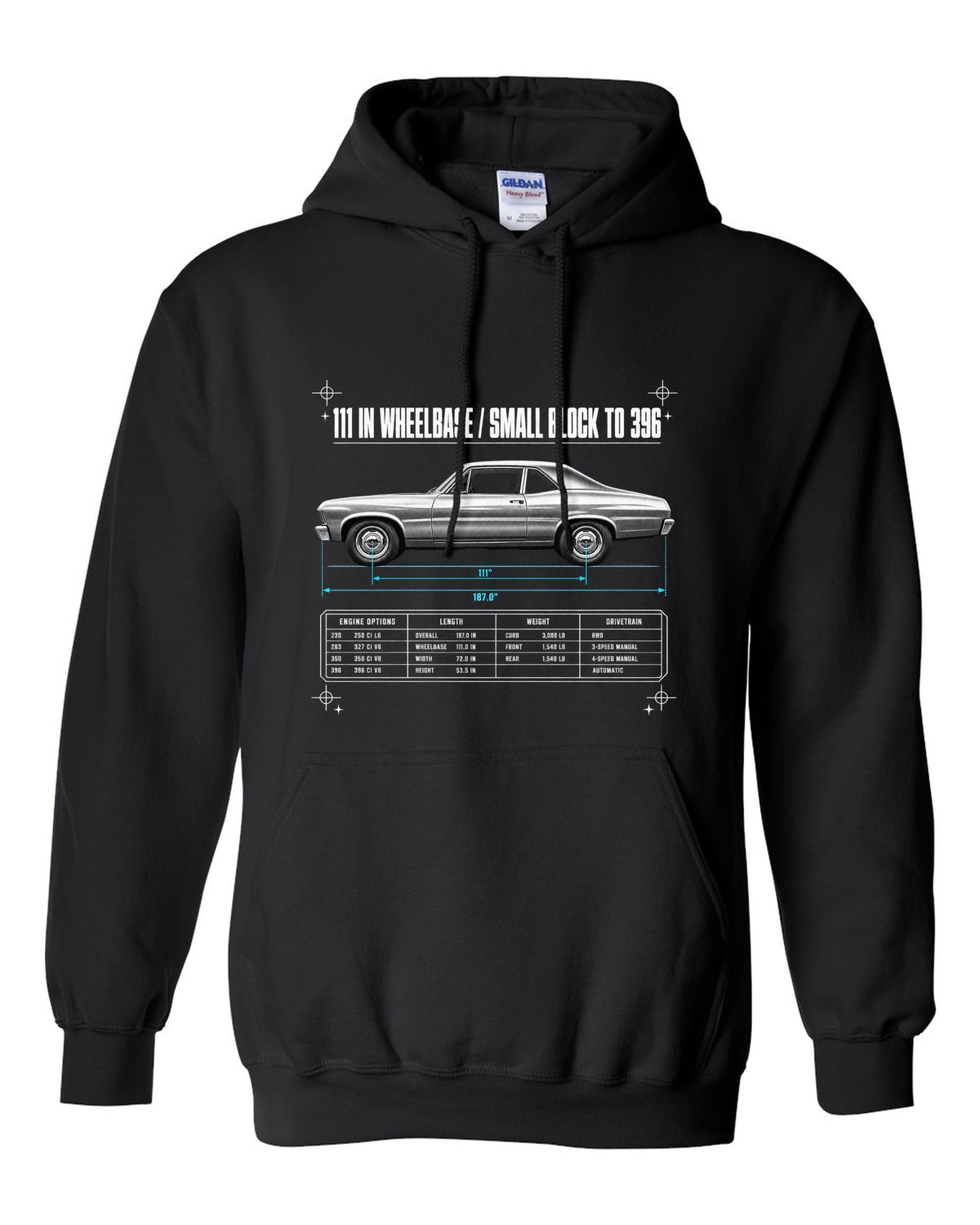 1968 Nova X-Body Spec Poster black pull over hoodie front view with the design