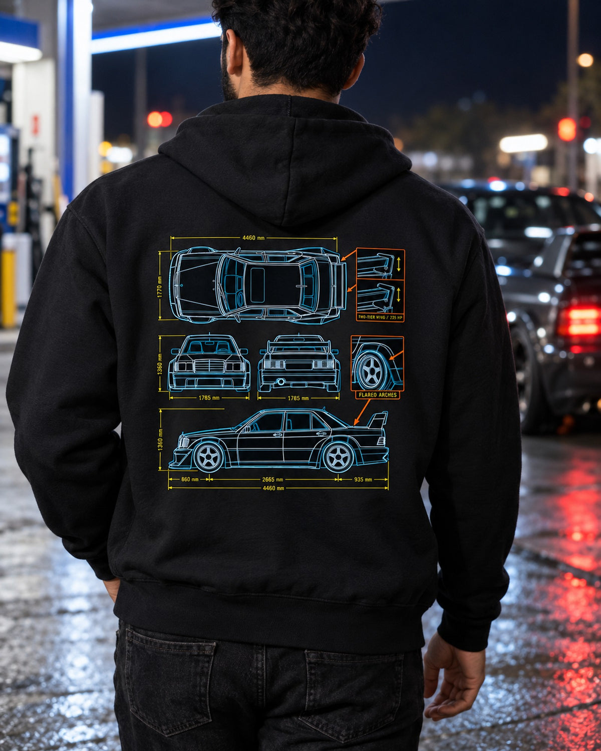 Mercedes 190E Evo II W201 Top-Down Blueprint Shirt, 235 HP Zip Hoodie Black worn hero