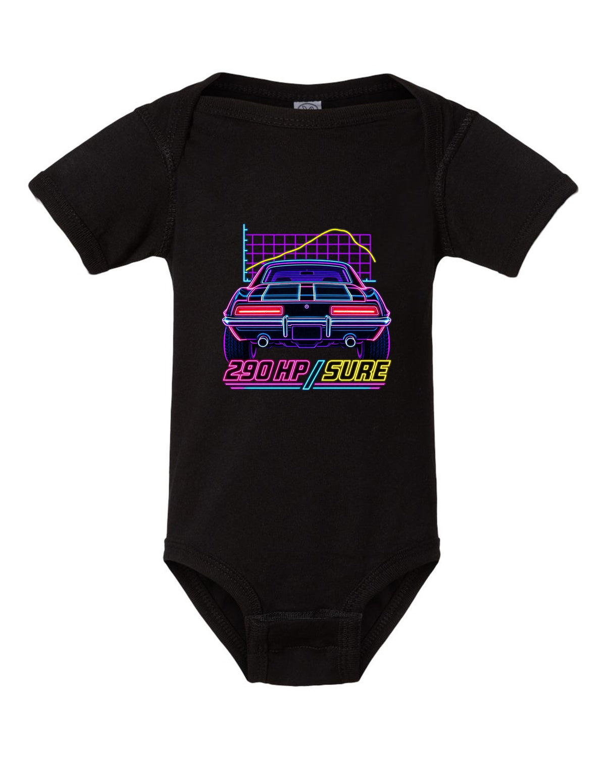 Neon synthwave outline of a 1969 Chevrolet Camaro Z/28 taillights with 290 HP lettering black baby onesie front view with the design