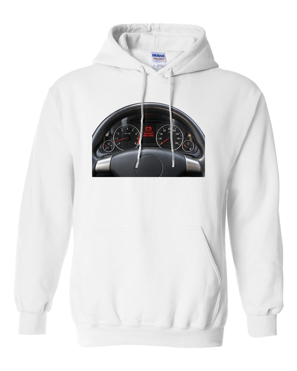 BMW E92 M3 cockpit gauge print with new battery needs coding text white pull over hoodie front view with the design