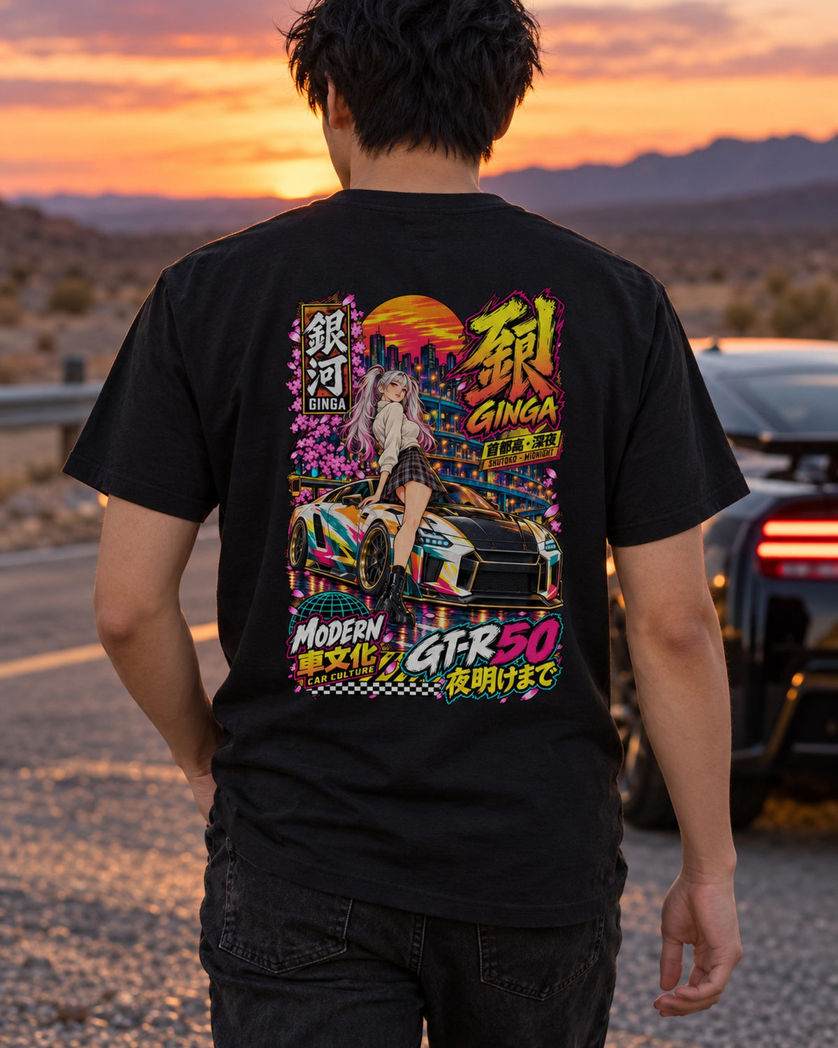 GINGA GT-R50 Anime Girl Full-Back Graphic Tee T-Shirt Black worn hero