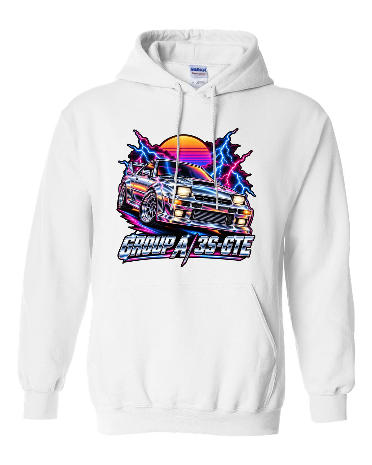 80s airbrush chrome illustration of a Toyota Celica GT-Four ST185 with Group A 3S-GTE lettering white pull over hoodie front view with the design