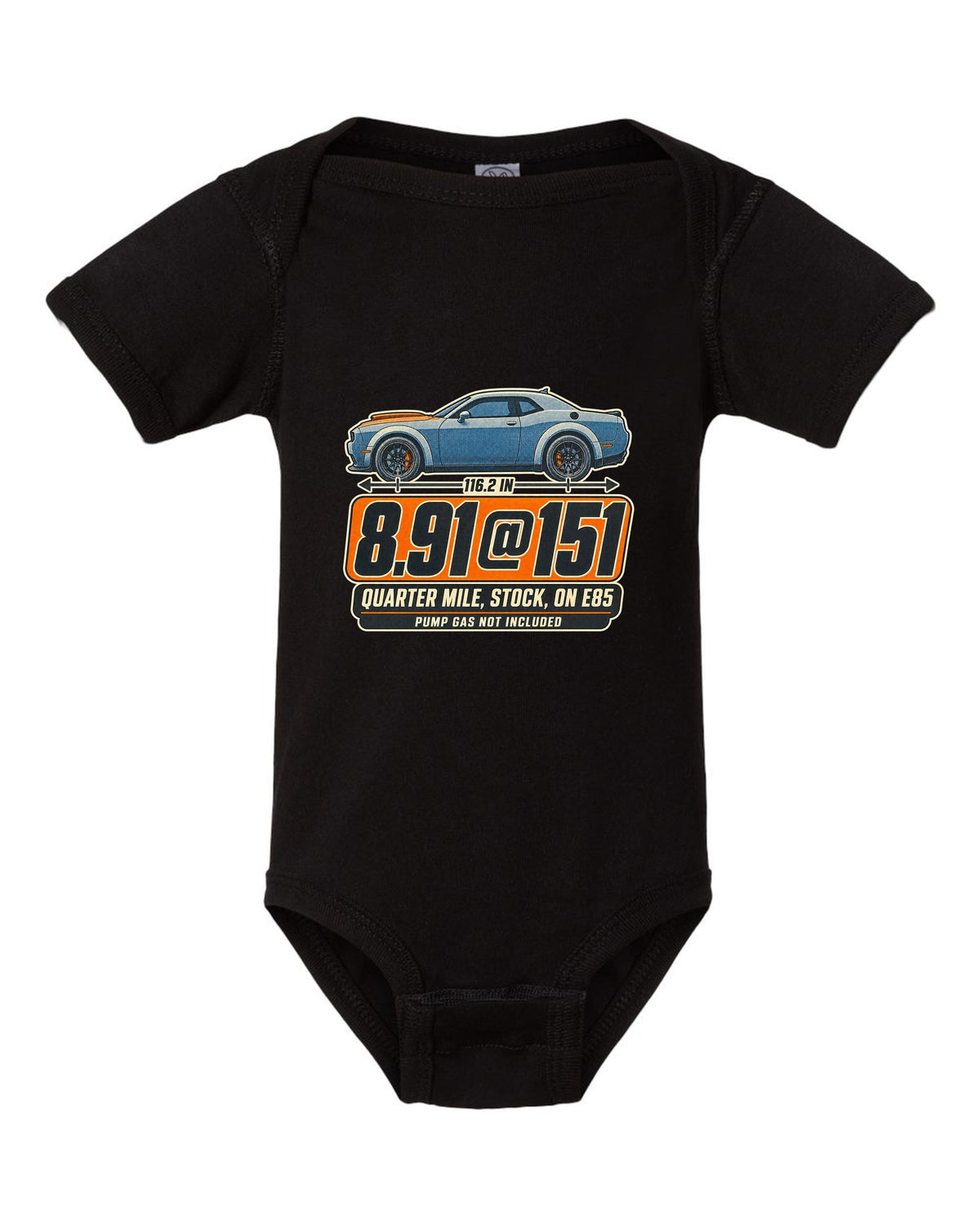 Dodge Challenger SRT Demon 170 halftone print with quarter mile time on E85 black baby onesie front view with the design