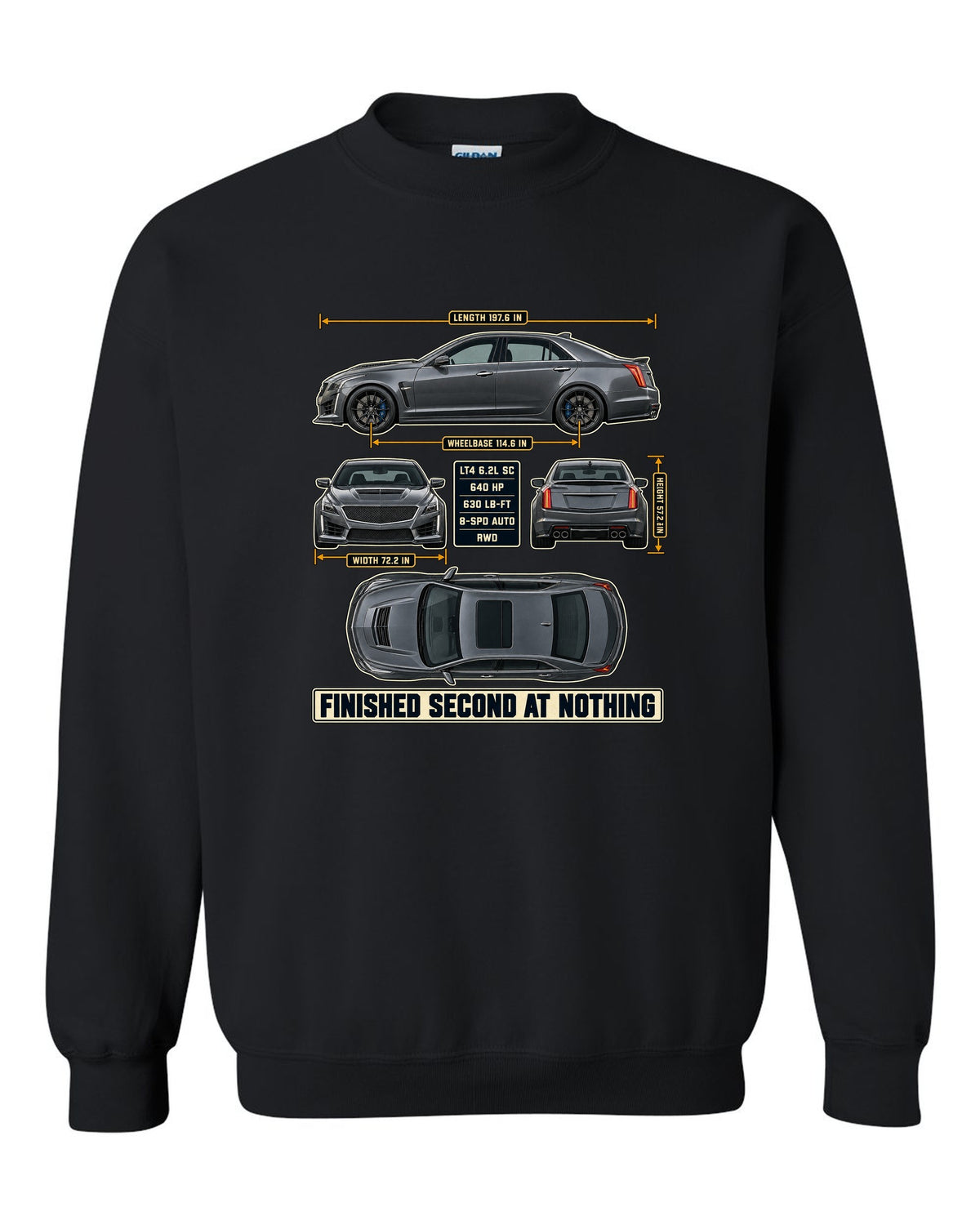 Dimension blueprint print of a 2016-19 Cadillac CTS-V sedan black crewneck front view with the design