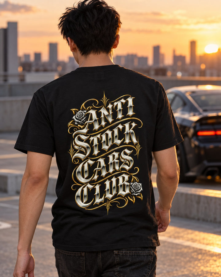 Anti Stock Cars Club Lowrider Script Shirt, Hoodie & More T-Shirt Black worn hero
