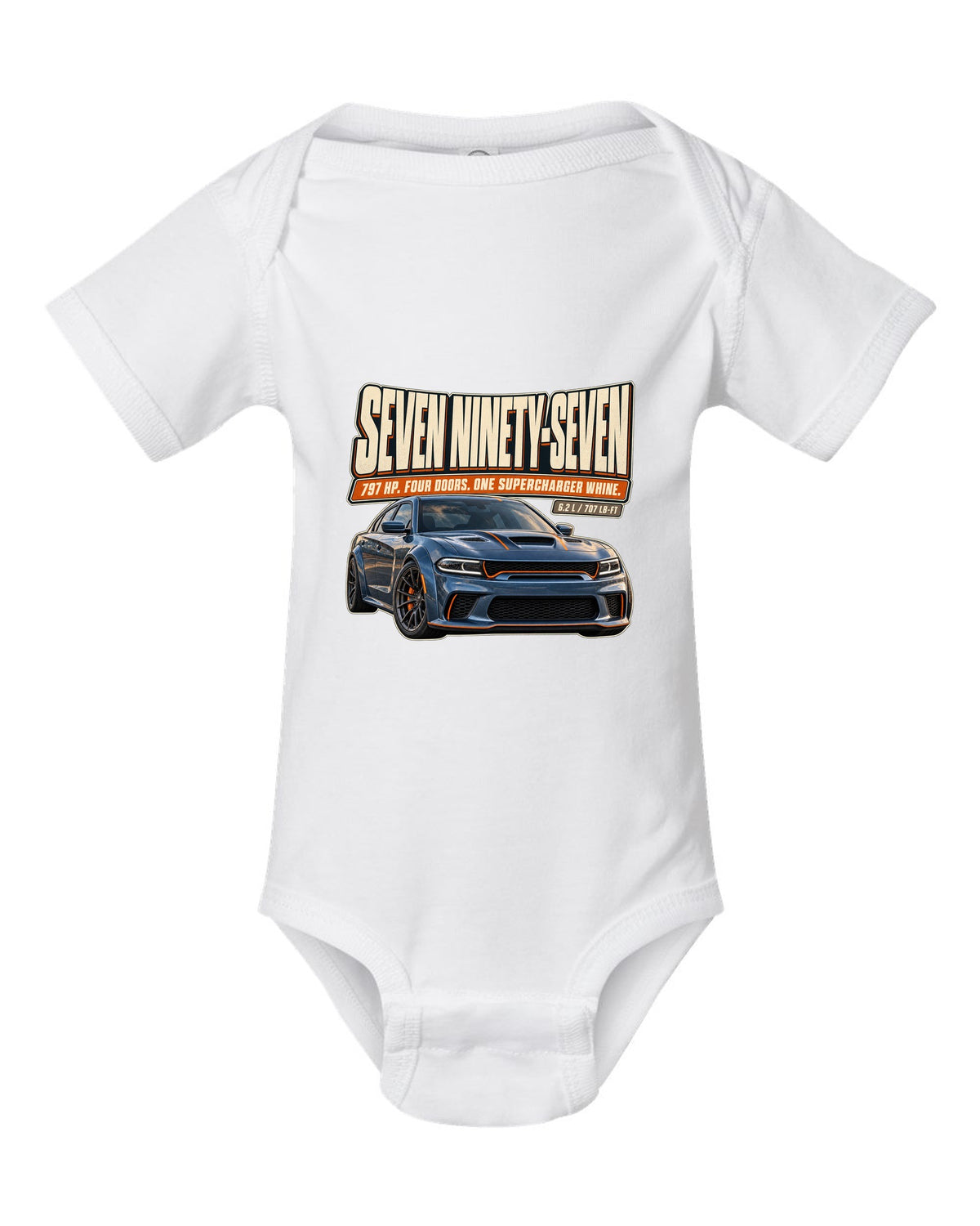 Dodge Charger SRT Hellcat Redeye Widebody editorial headline print white baby onesie front view with the design