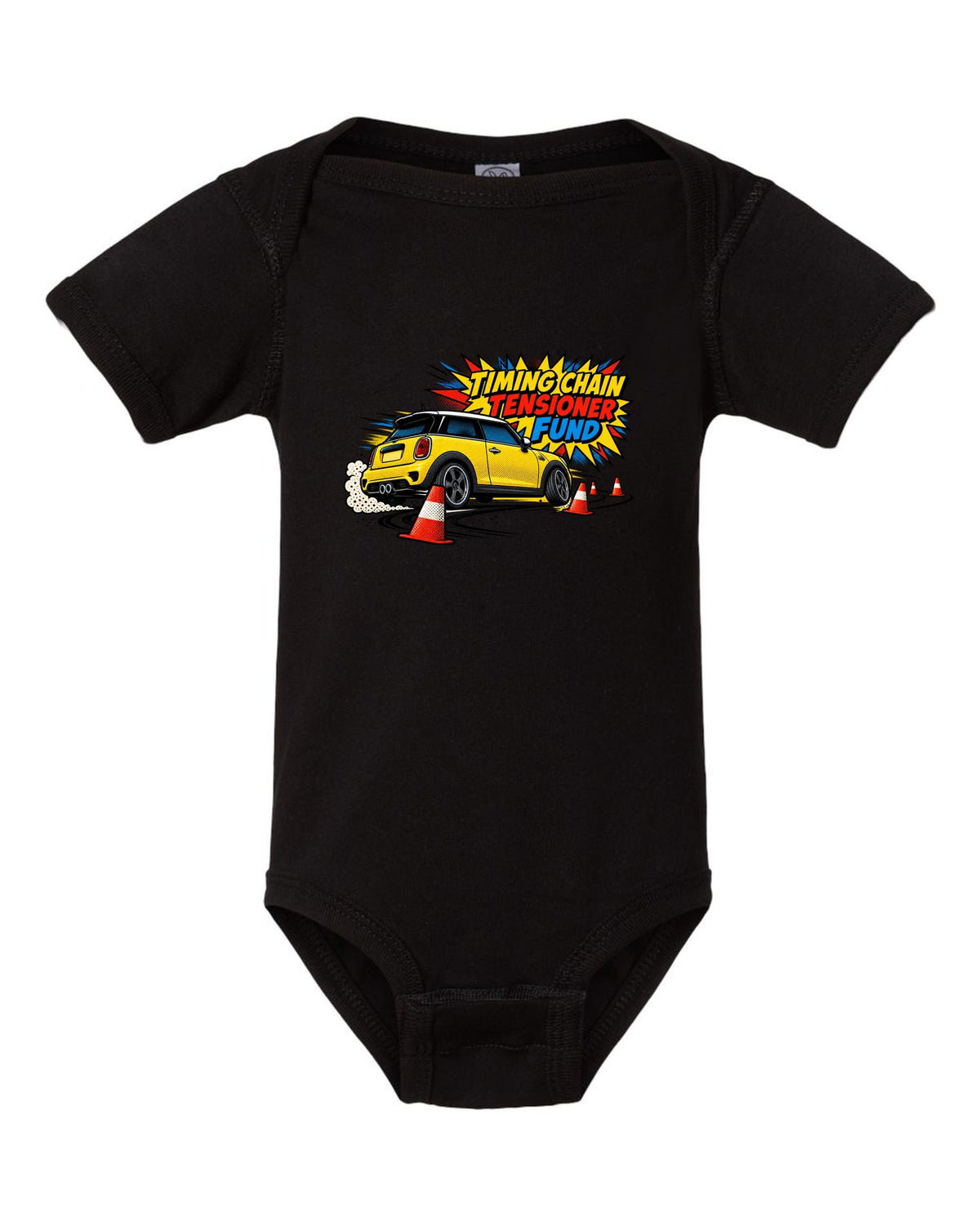 Comic halftone print of a Mini Cooper S R56 in a cone slalom with timing chain tensioner fund text black baby onesie front view with the design
