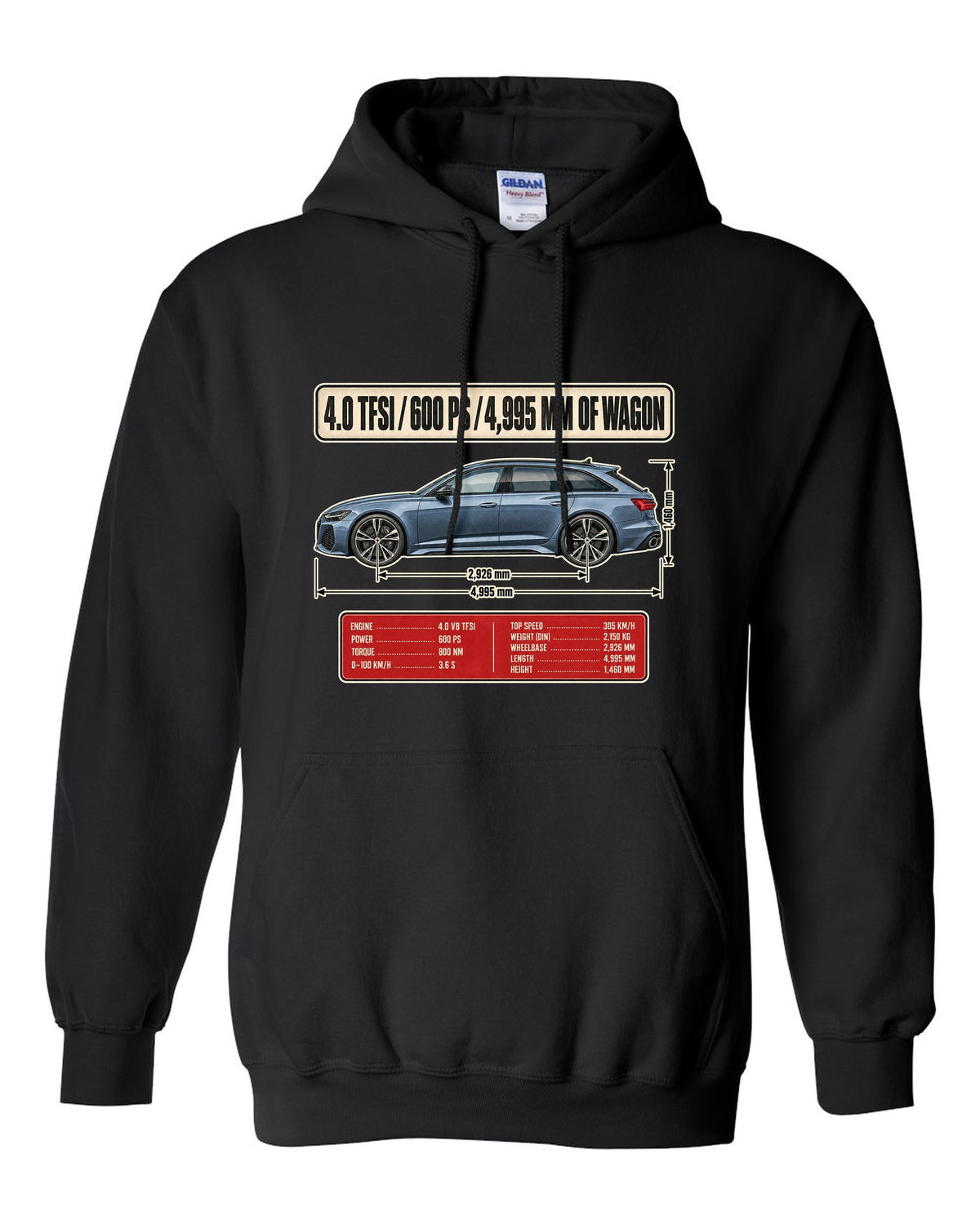 Audi RS6 Avant C8 wagon dimension blueprint print black pull over hoodie front view with the design