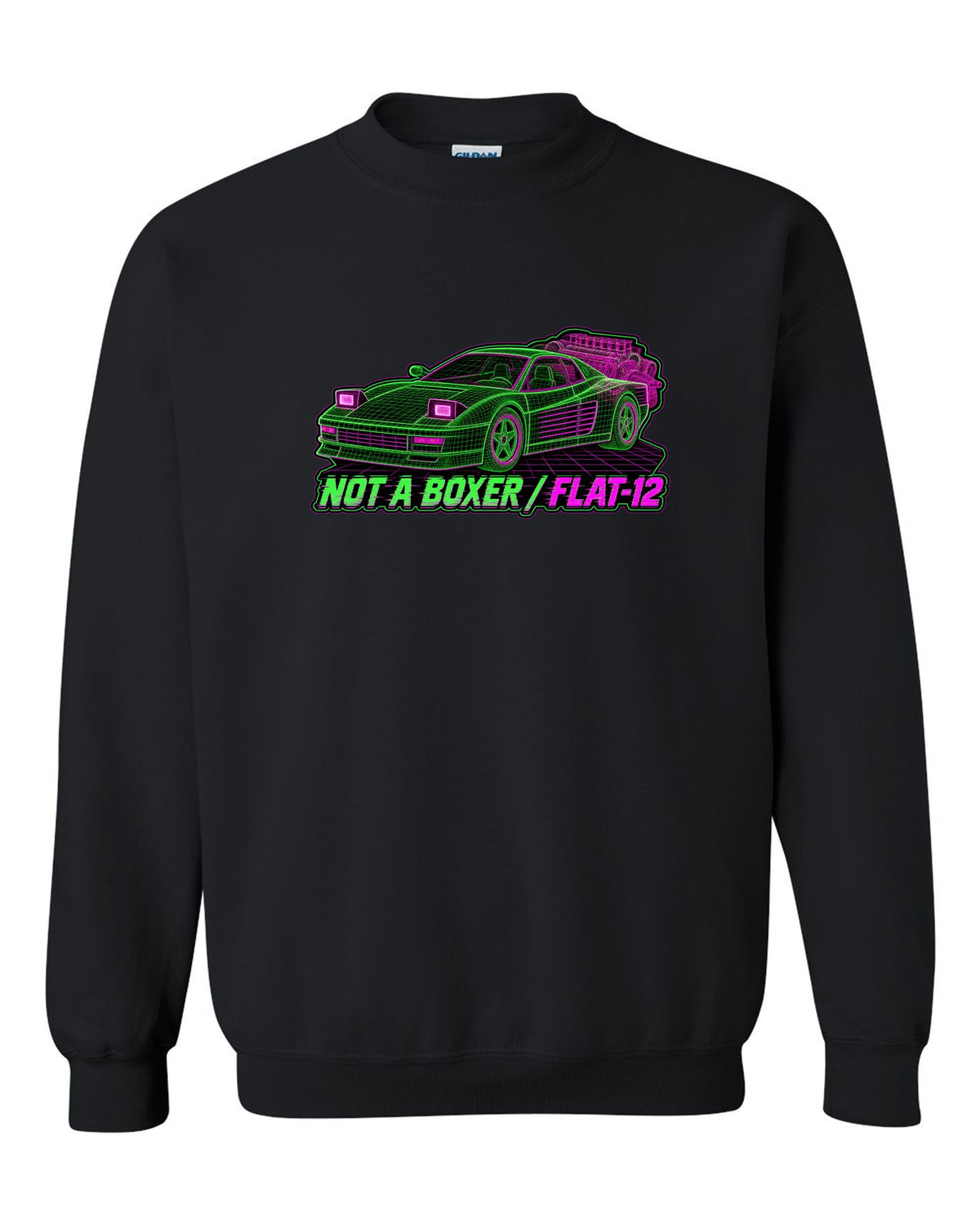 Wireframe mesh print of the Ferrari Testarossa F110 with the text not a boxer, flat-12 black crewneck front view with the design